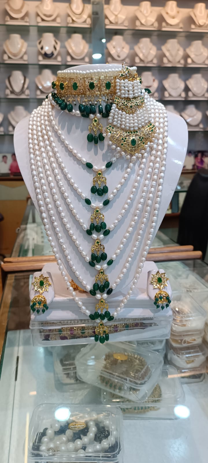 M.S Pearls and Jewellers - Pearl and Emerald Bridal Jewellery Set