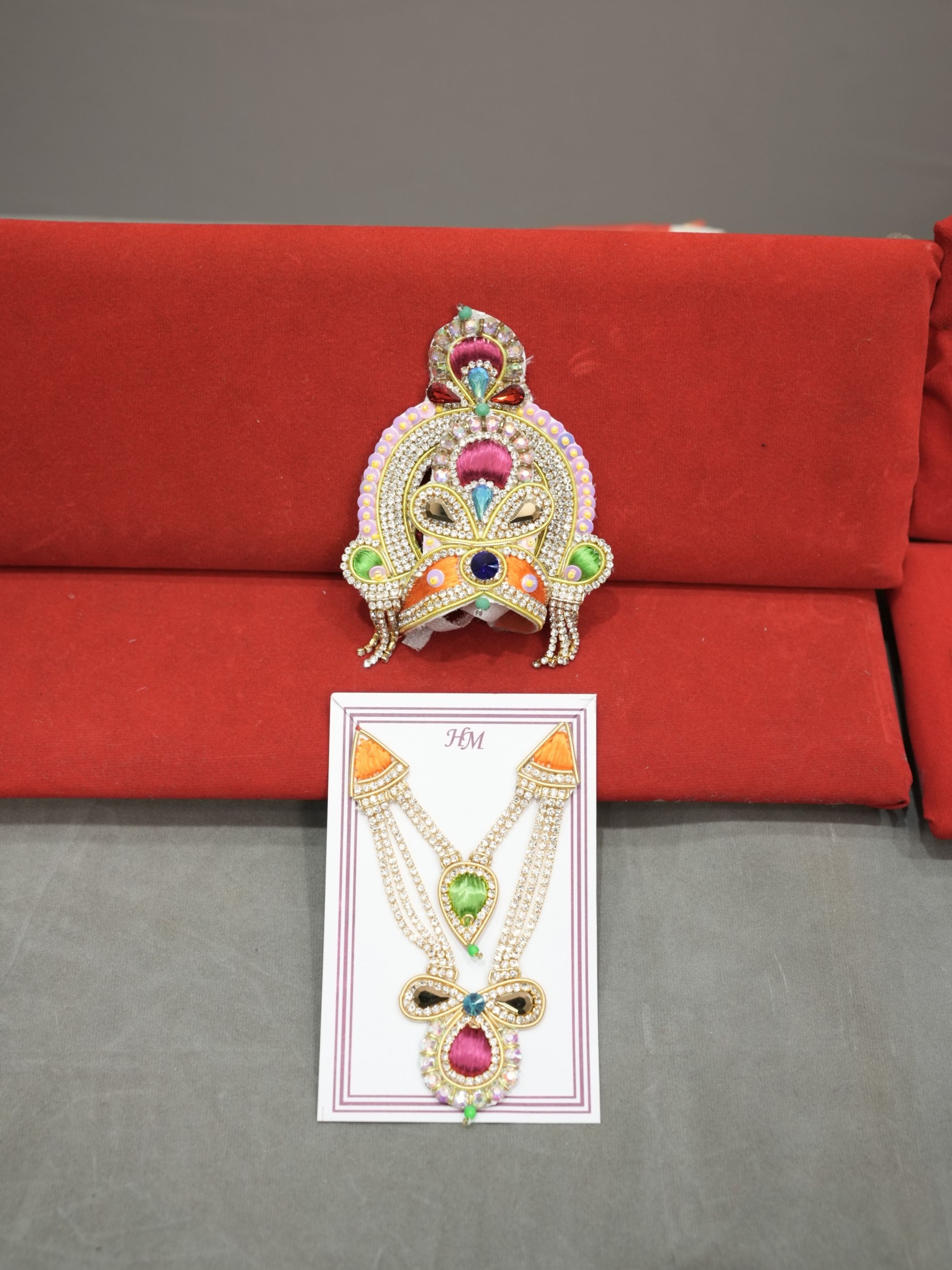 Maheshwari Fancy Store - Jari Mukut Haar Orange and Blue