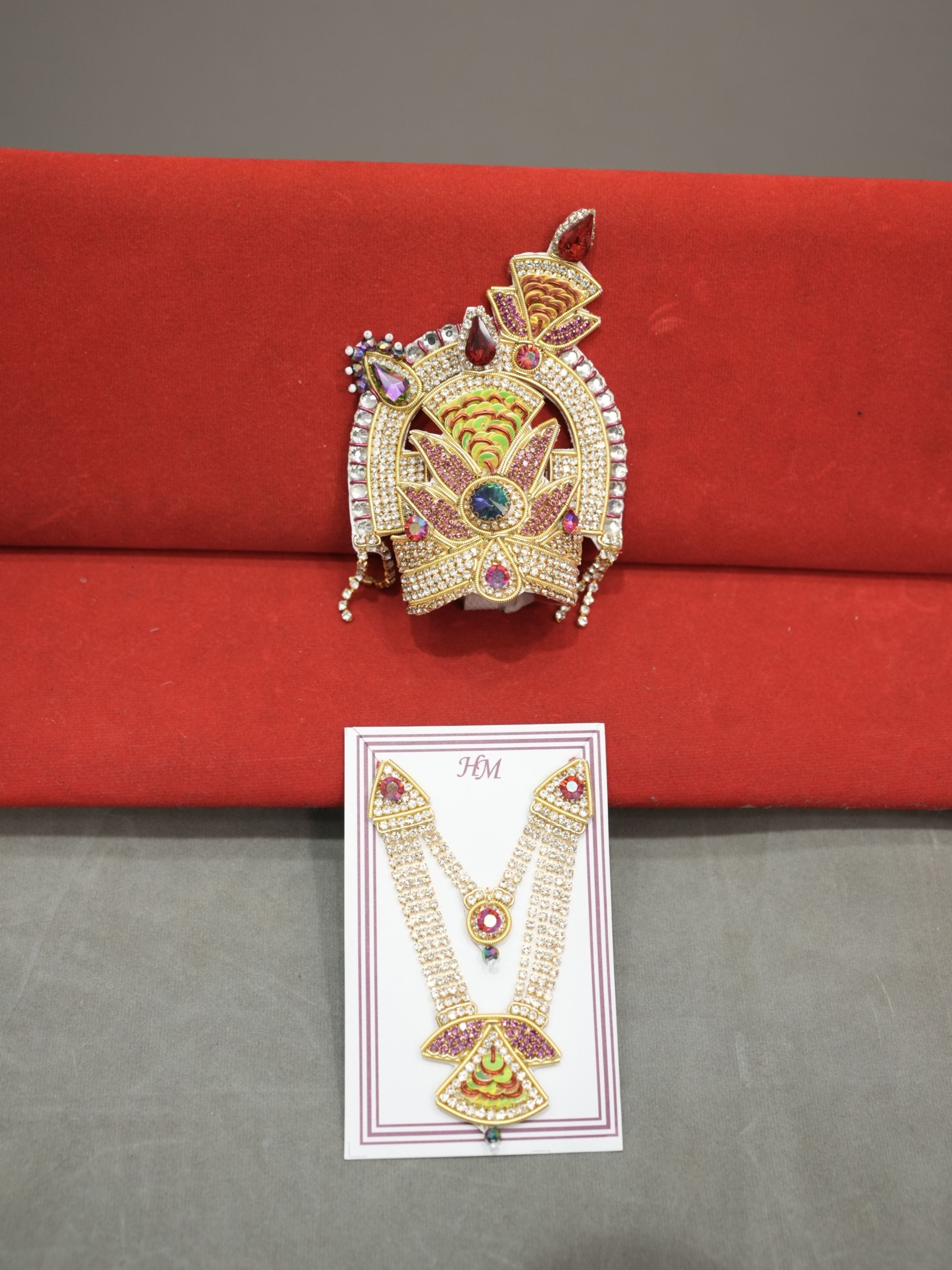 Maheshwari Fancy Store - Jari Mukut Haar Golden and Red