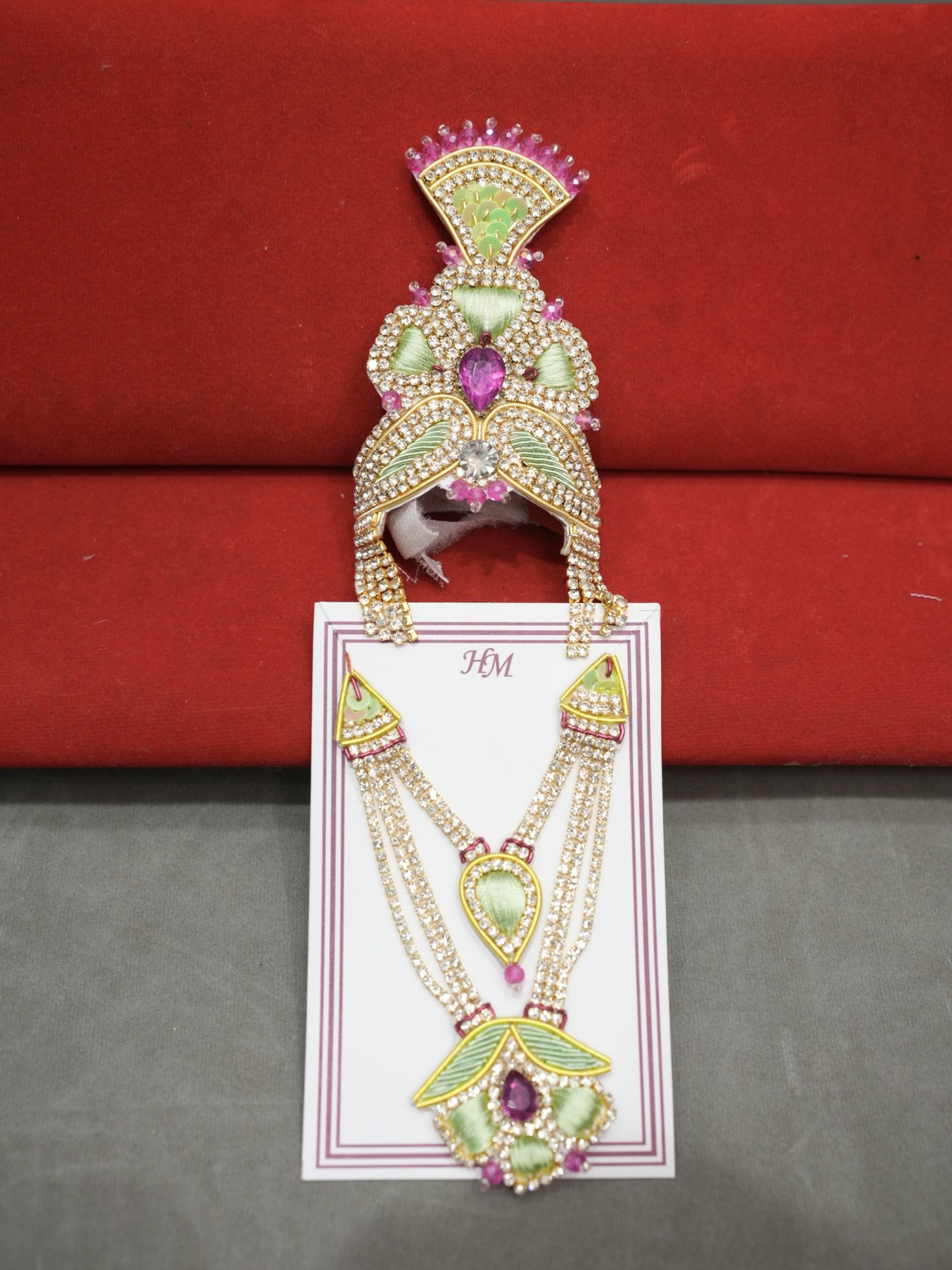 Maheshwari Fancy Store - Jari Mukut Haar Pink and Green