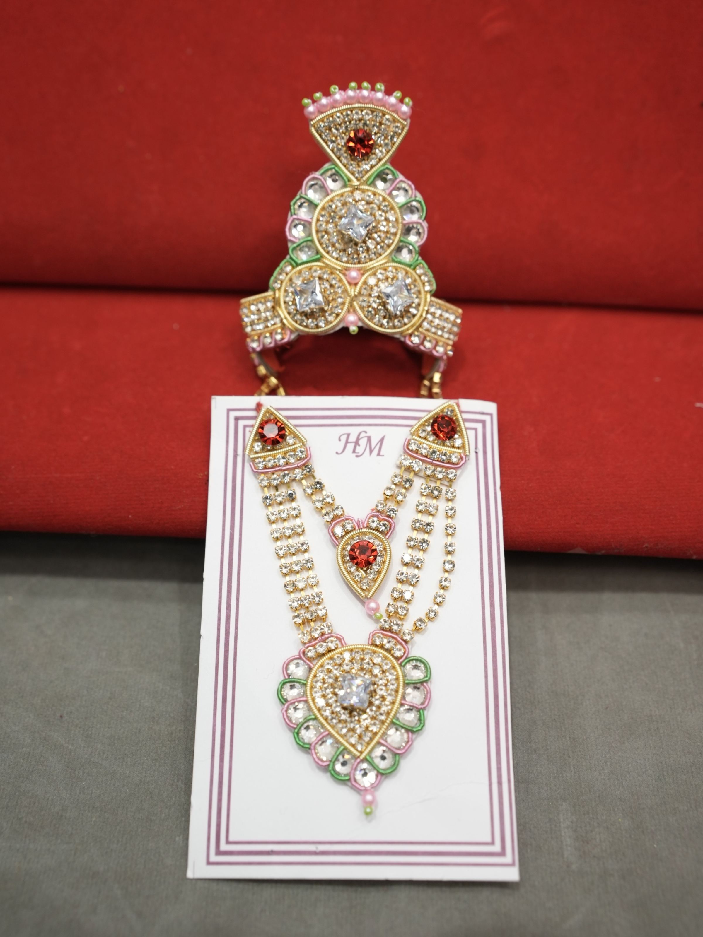 Maheshwari Fancy Store - Jari Mukut Haar Pink and Light Green