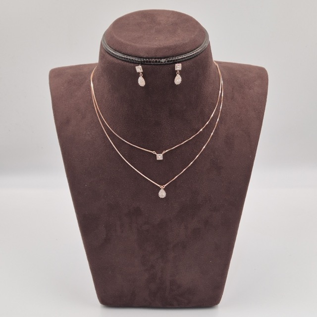 Rose Gold Double Layer Silver Pendant Necklace Set