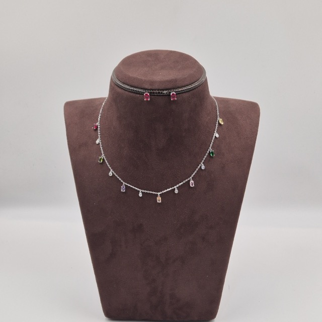 Multicolor Gemstone Silver Charm Necklace Set
