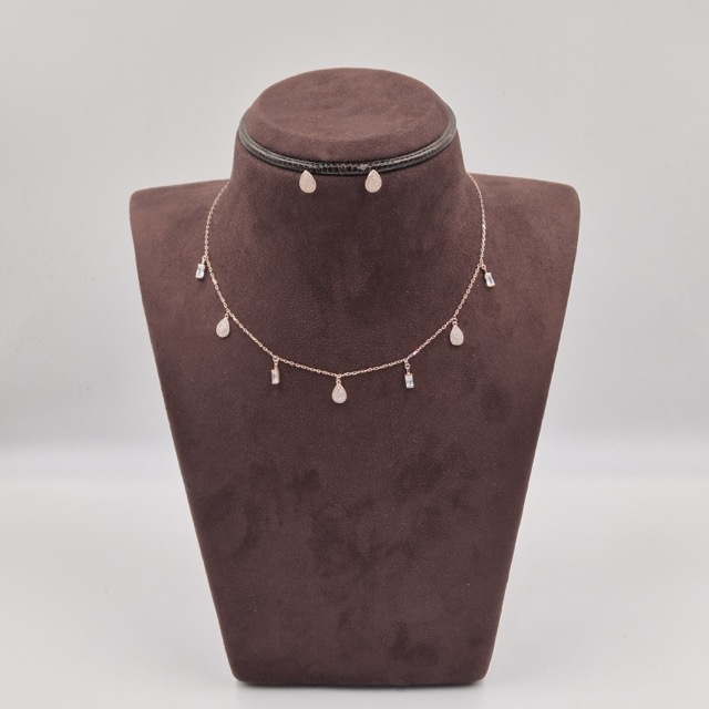 Rose Gold Teardrop Silver Dangle Necklace Set