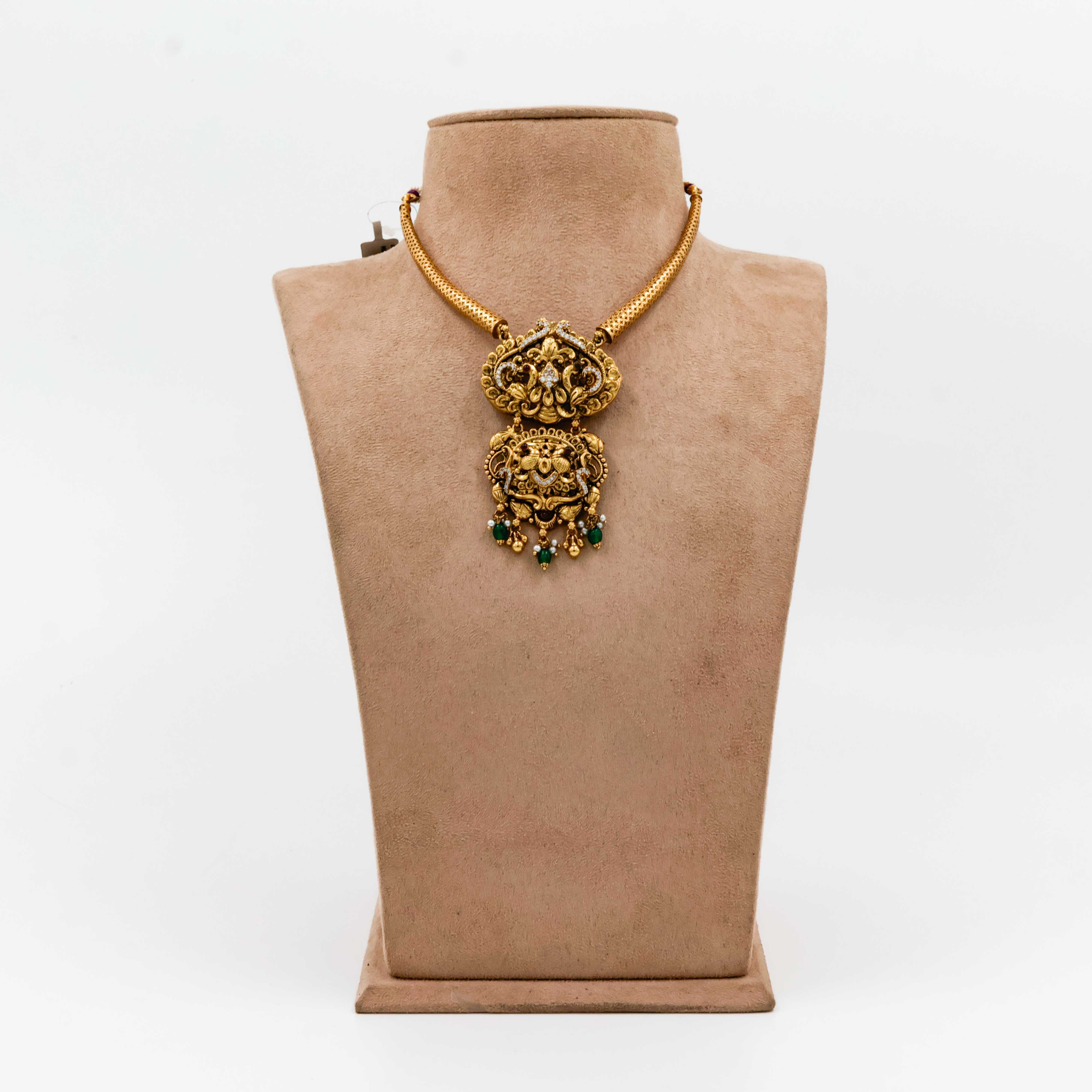 Antique Temple Necklace with Lakshmi Pendant and Green Beads - 