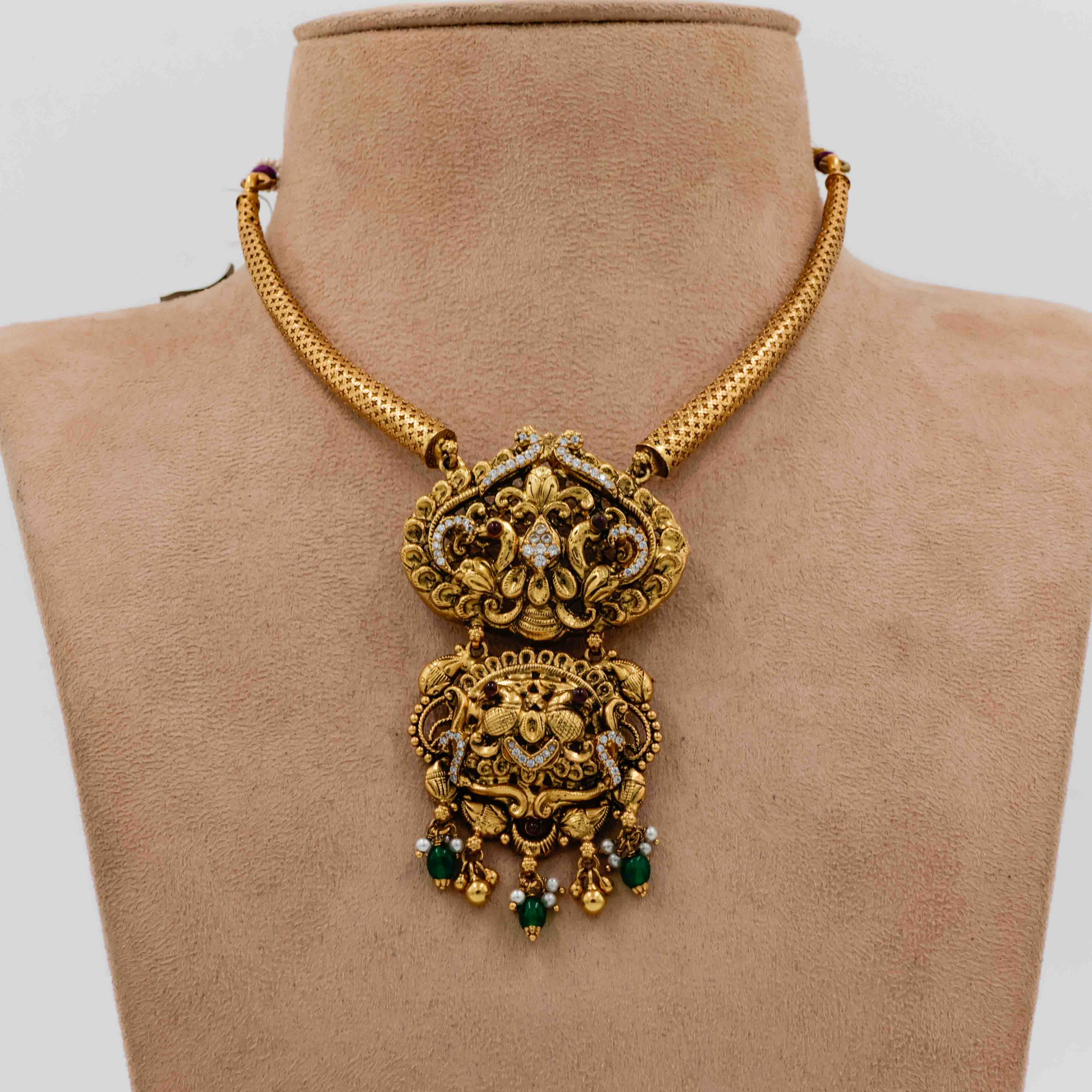 Antique Temple Necklace with Lakshmi Pendant and Green Beads - 