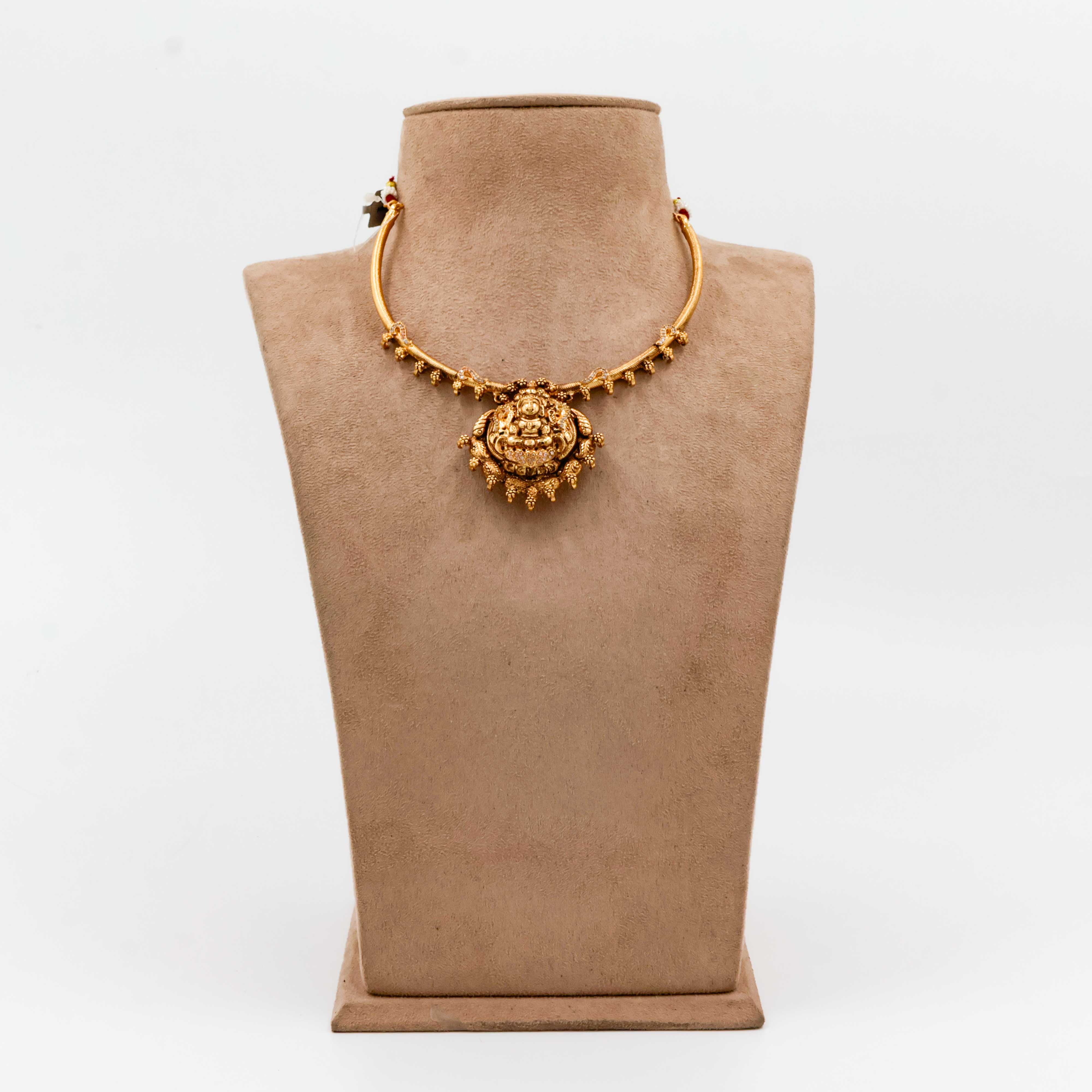 Antique Temple Necklace with Lakshmi Motif and Hanging Gold Beads - 