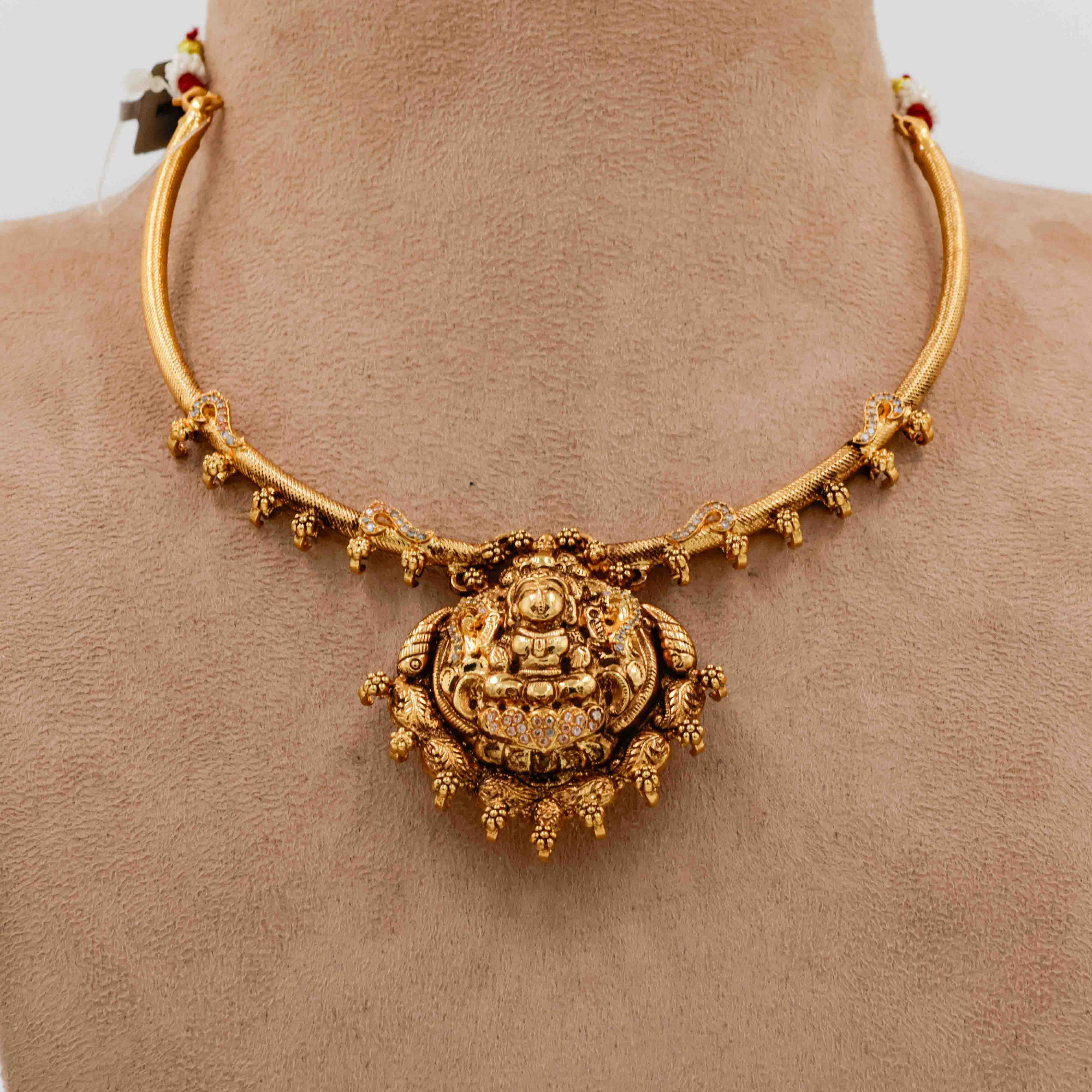 Antique Temple Necklace with Lakshmi Motif and Hanging Gold Beads - 