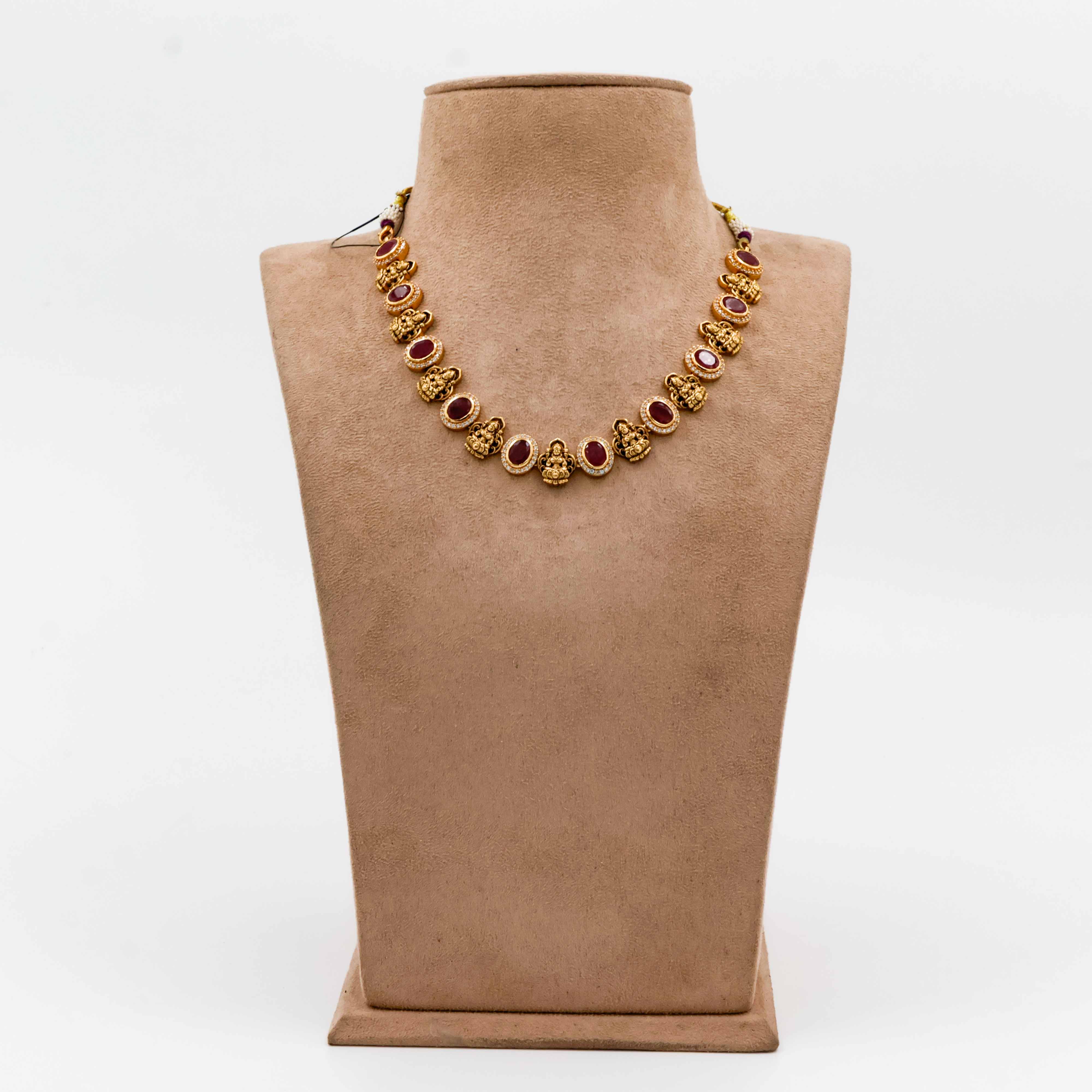Temple Necklace with Ruby Stones and Lakshmi Motifs - 