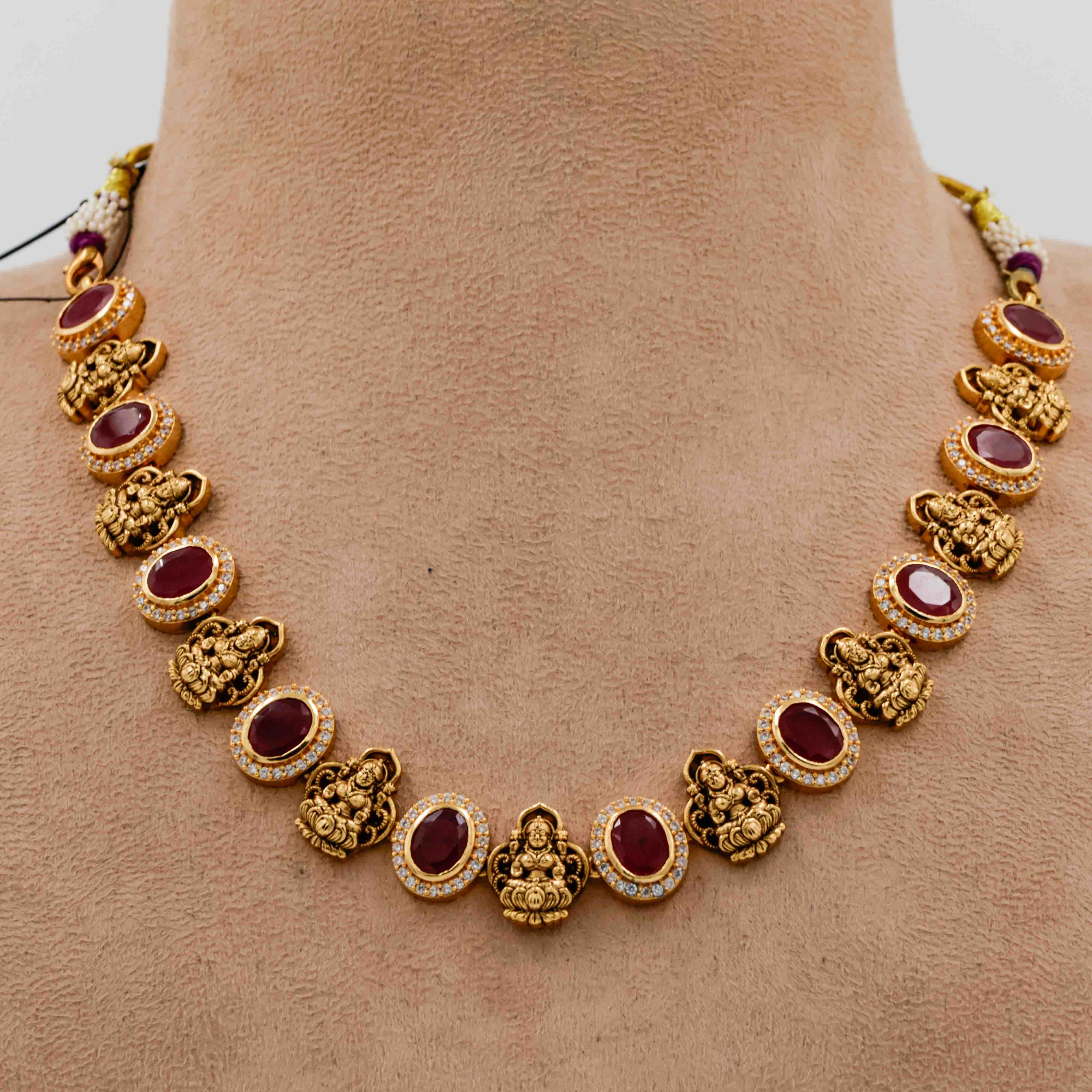 Temple Necklace with Ruby Stones and Lakshmi Motifs - 
