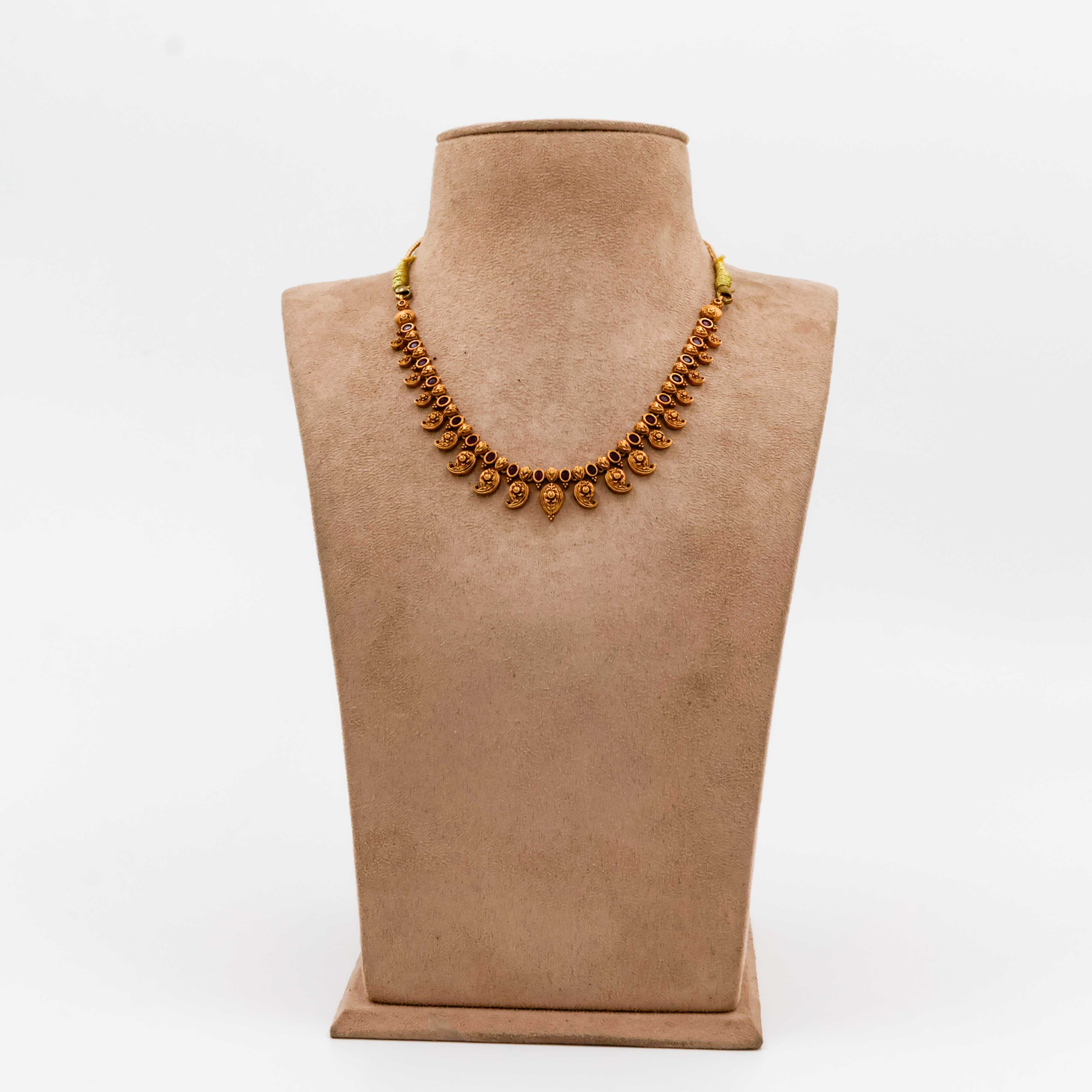 Traditional Temple Necklace with Paisley Motifs and Red Stones - 