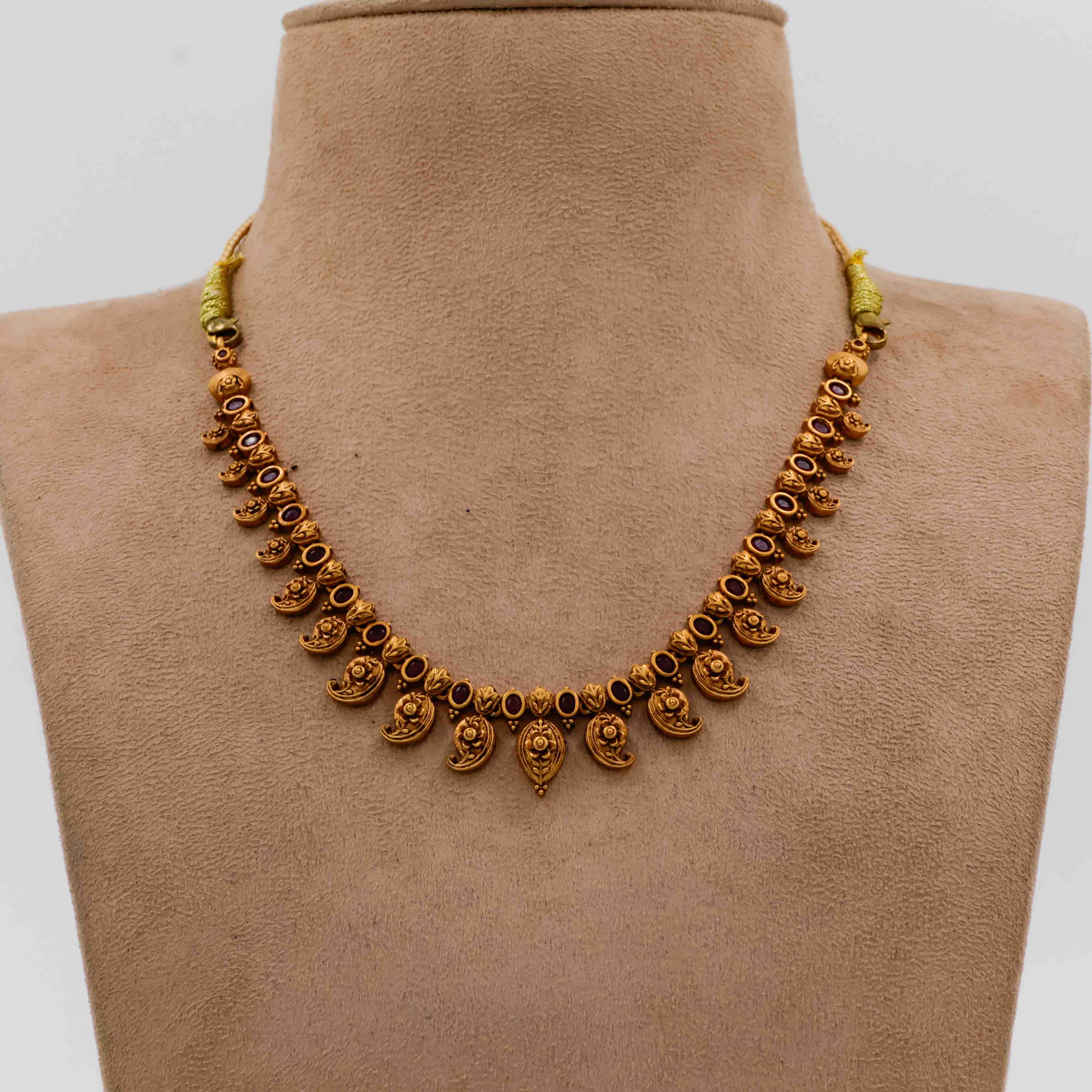 Traditional Temple Necklace with Paisley Motifs and Red Stones - 