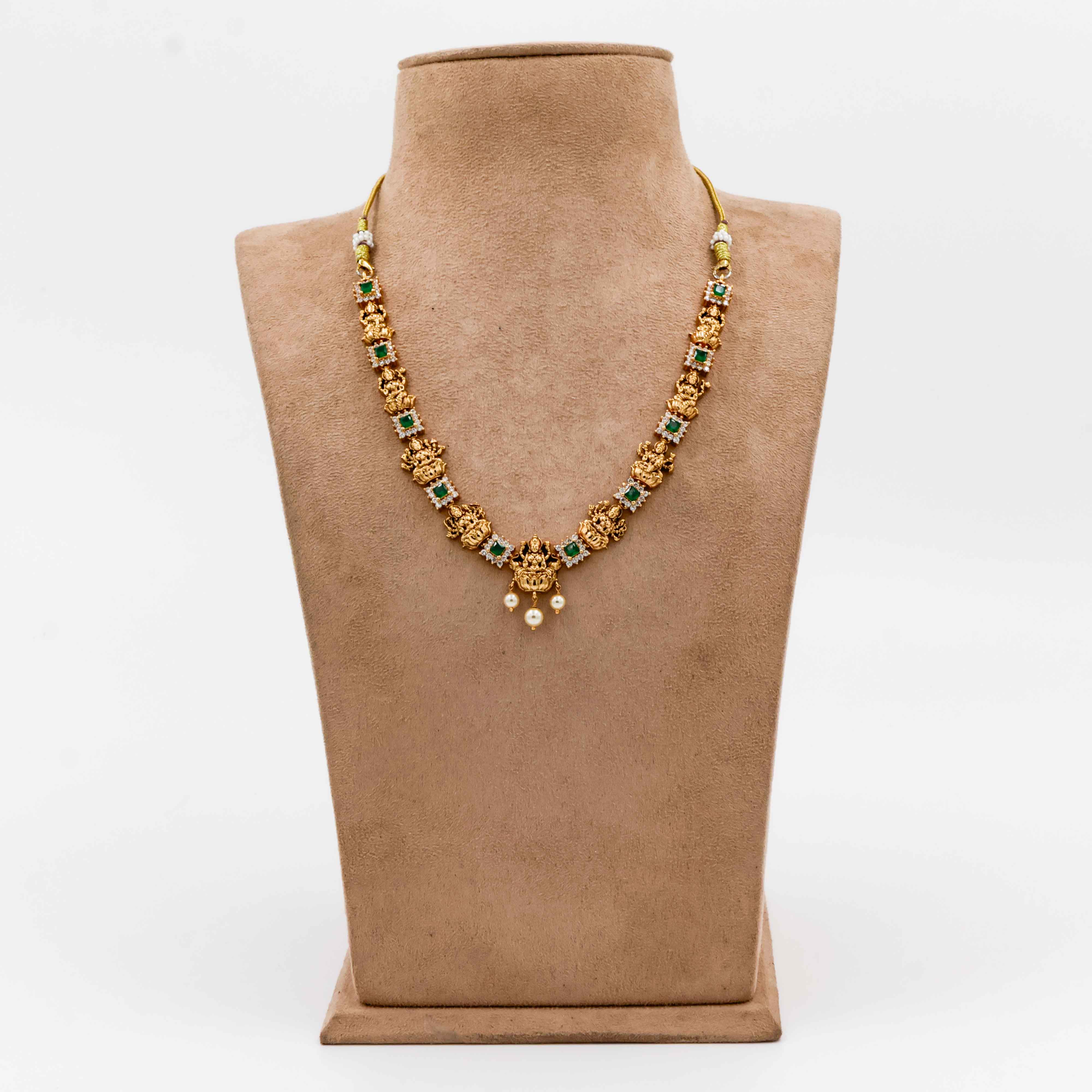 Temple Necklace with Green Stones and Lakshmi Pendants - 