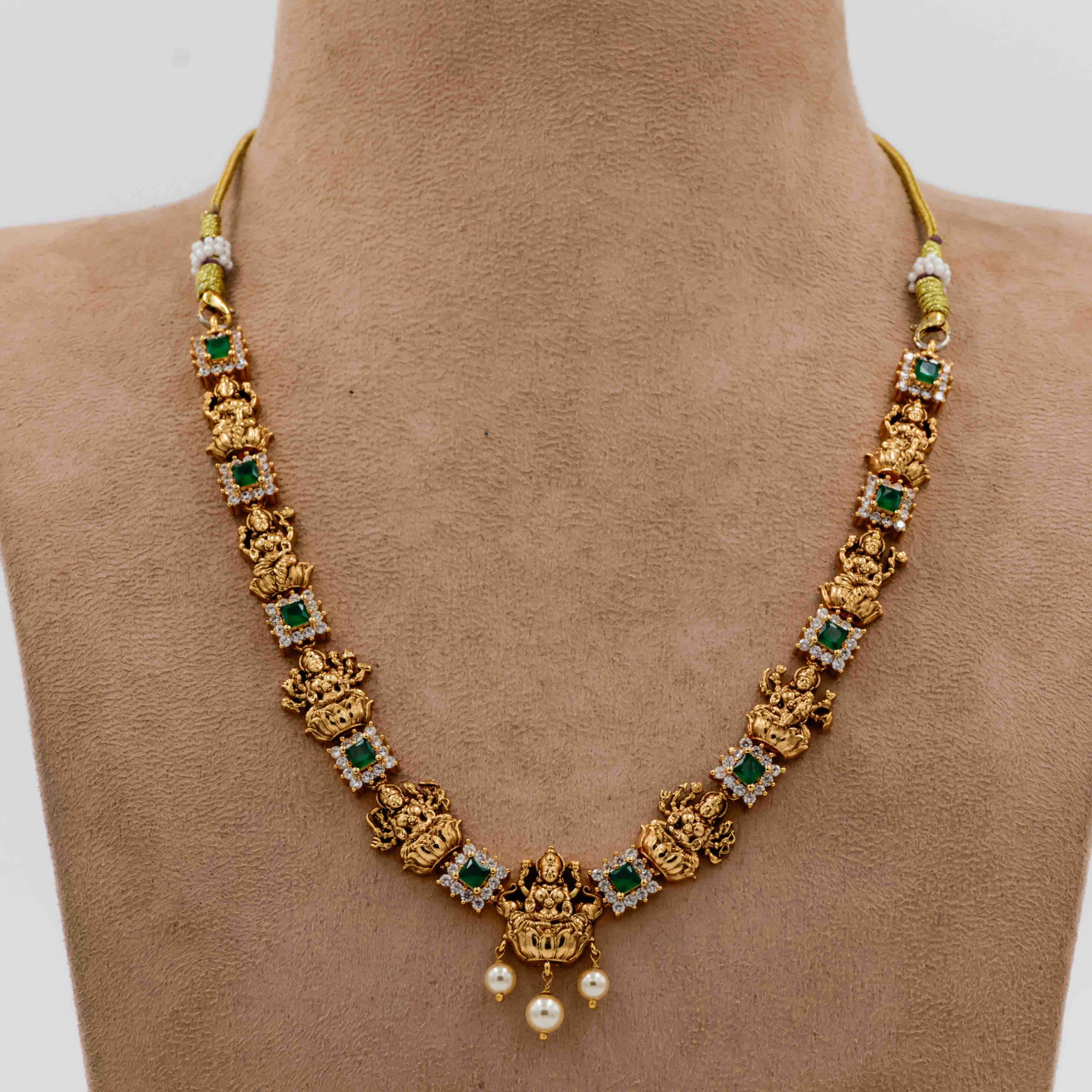 Temple Necklace with Green Stones and Lakshmi Pendants - 