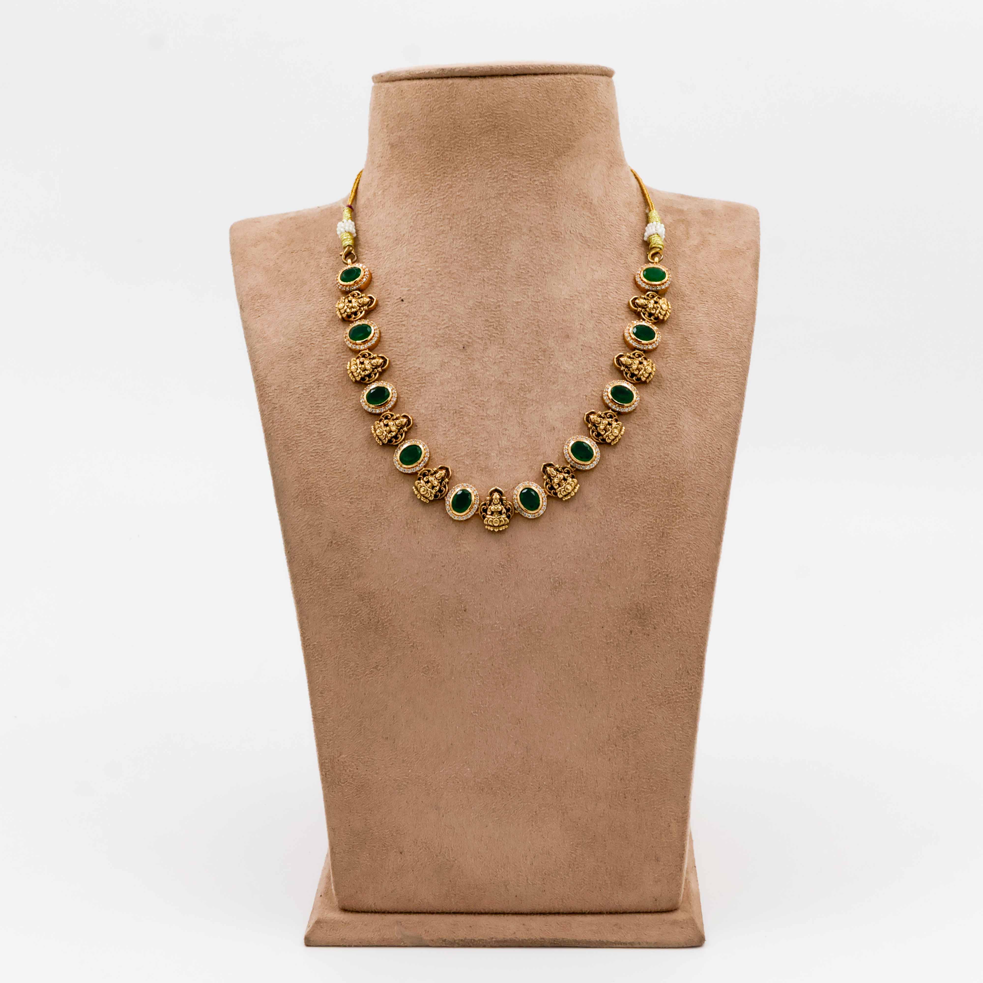 Temple Necklace with Lakshmi Pendant and Green Stones - 