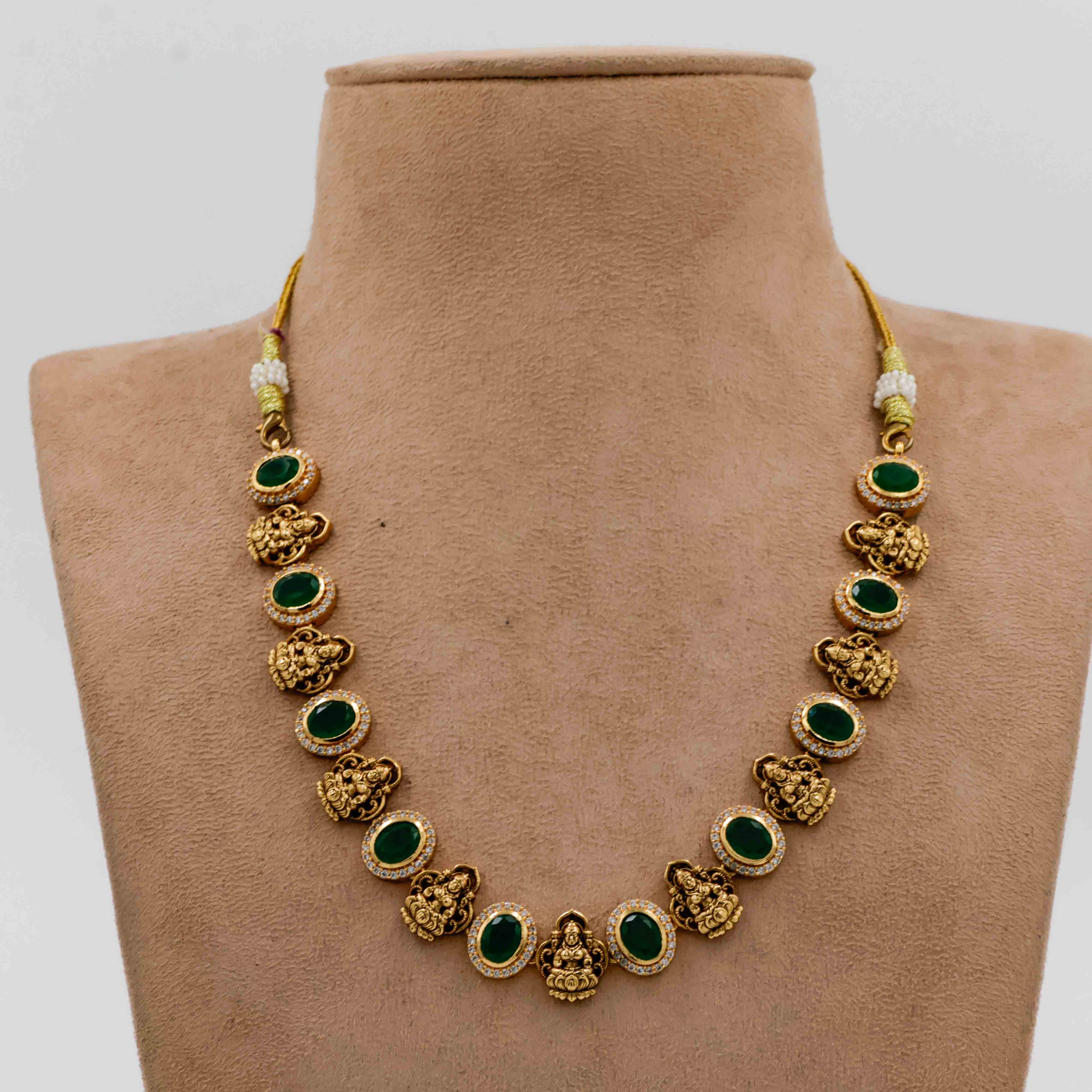 Temple Necklace with Lakshmi Pendant and Green Stones - 