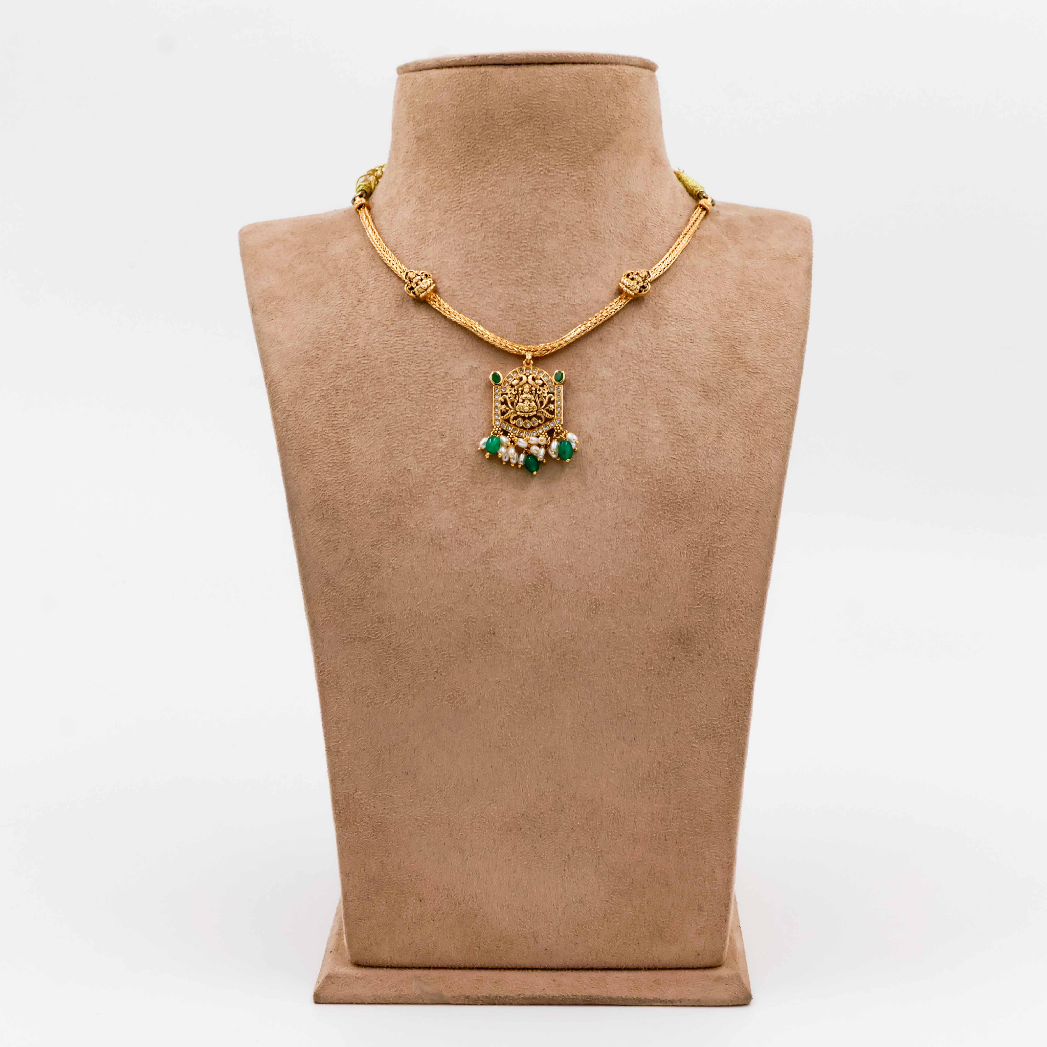Temple Necklace with Green Stones and Lakshmi Motifs - 