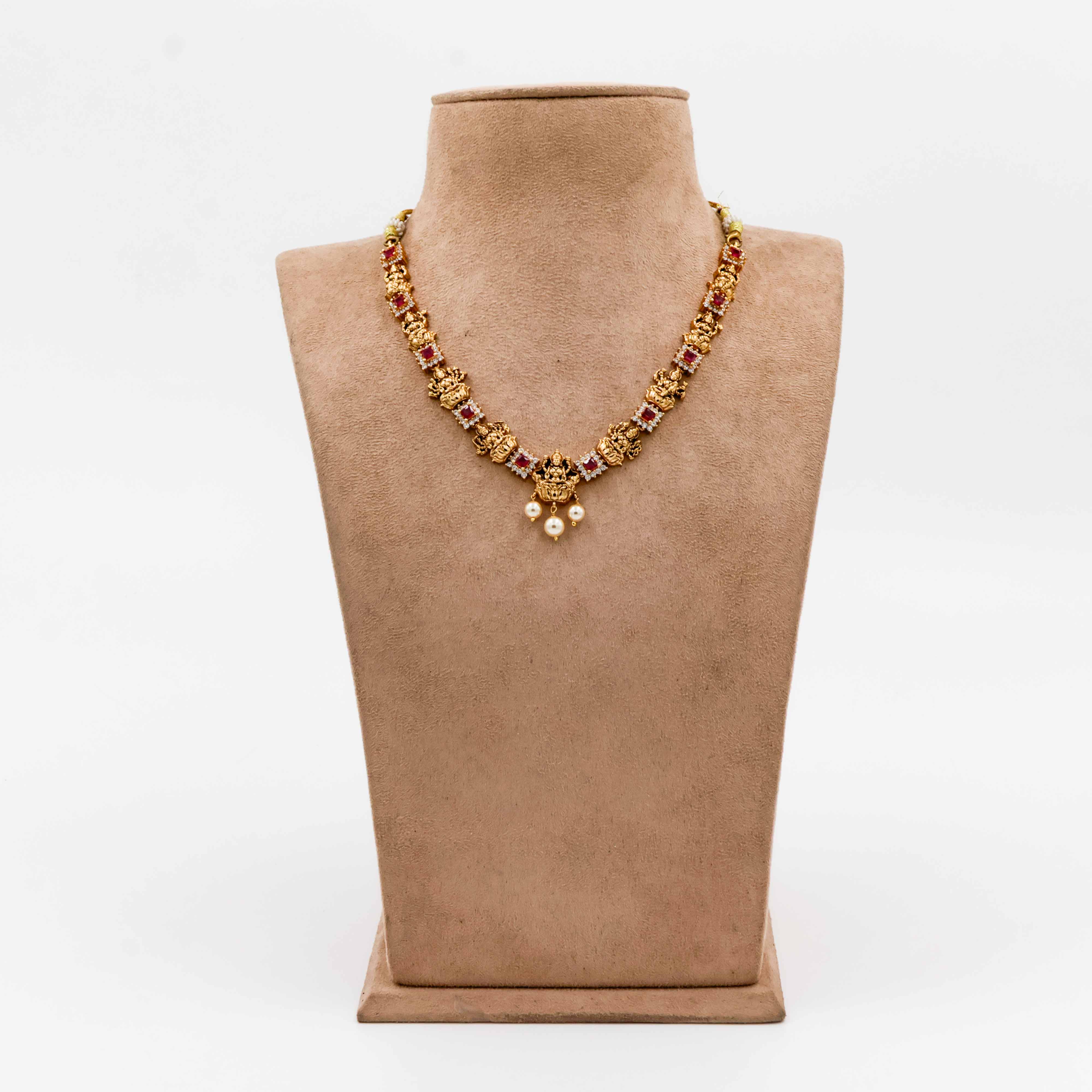 Temple Necklace with Multicolor Stones Lakshmi Motifs and Pearl Drops - 