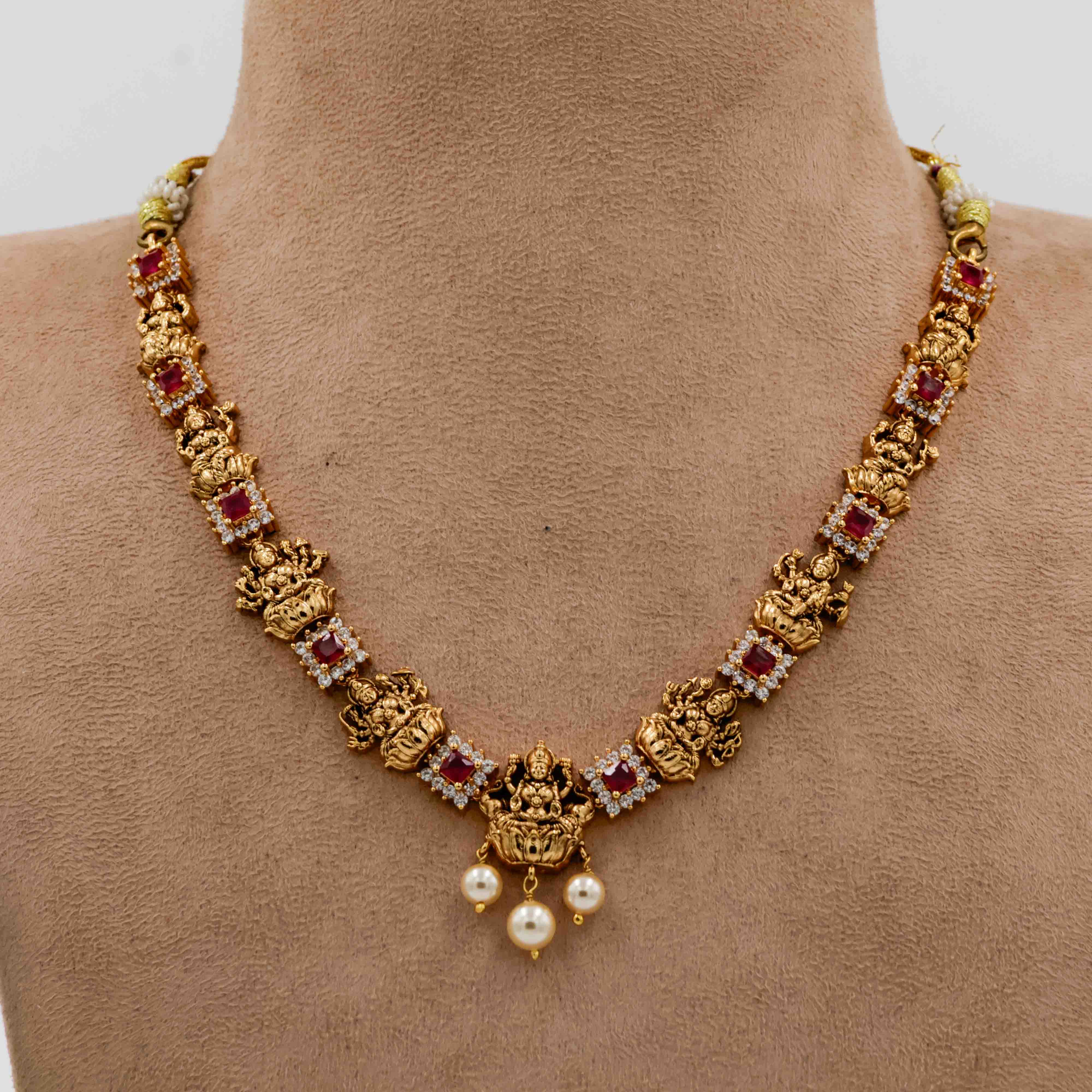 Temple Necklace with Multicolor Stones Lakshmi Motifs and Pearl Drops - 