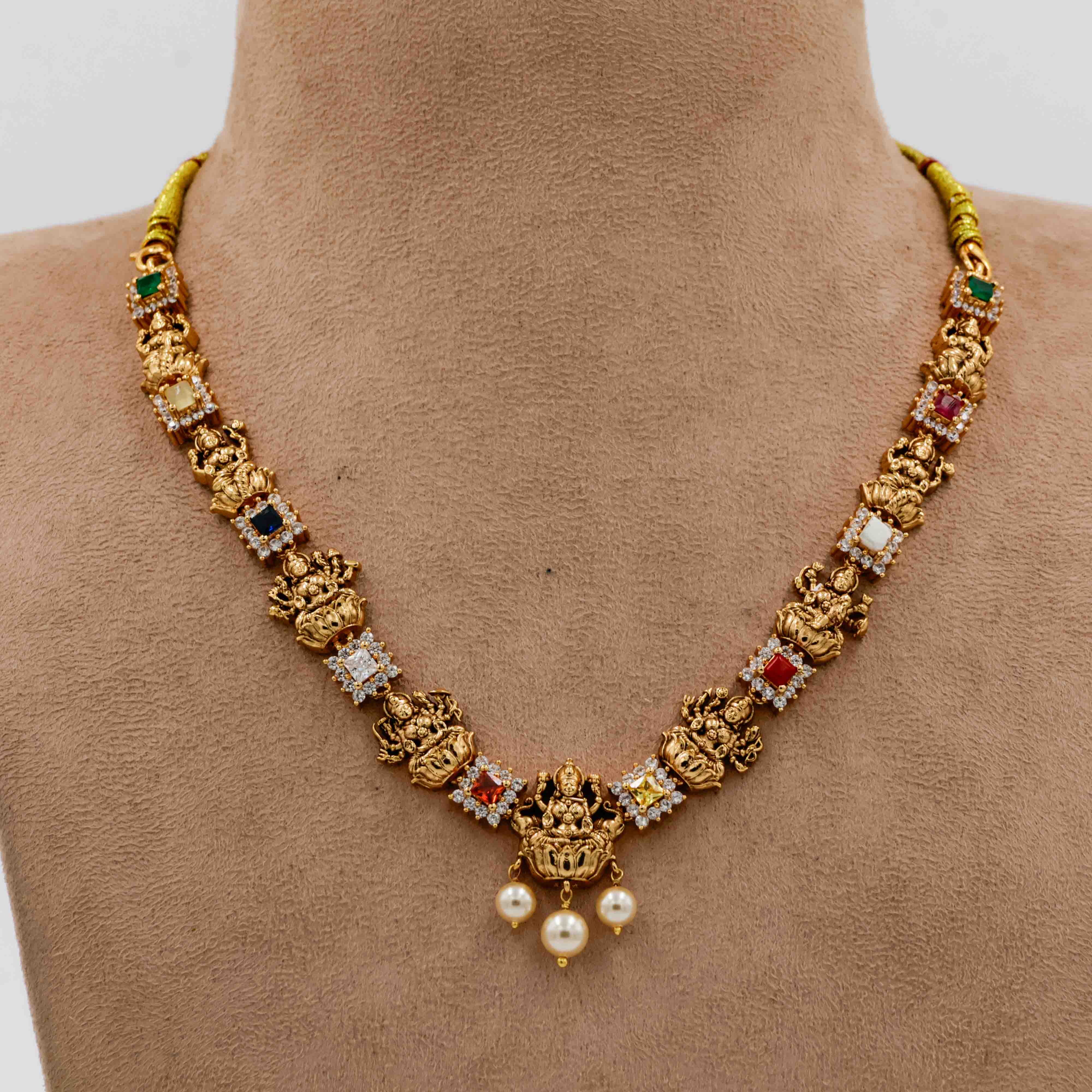 Temple Necklace with Lord Vishnu Motif and Hanging Beads - 
