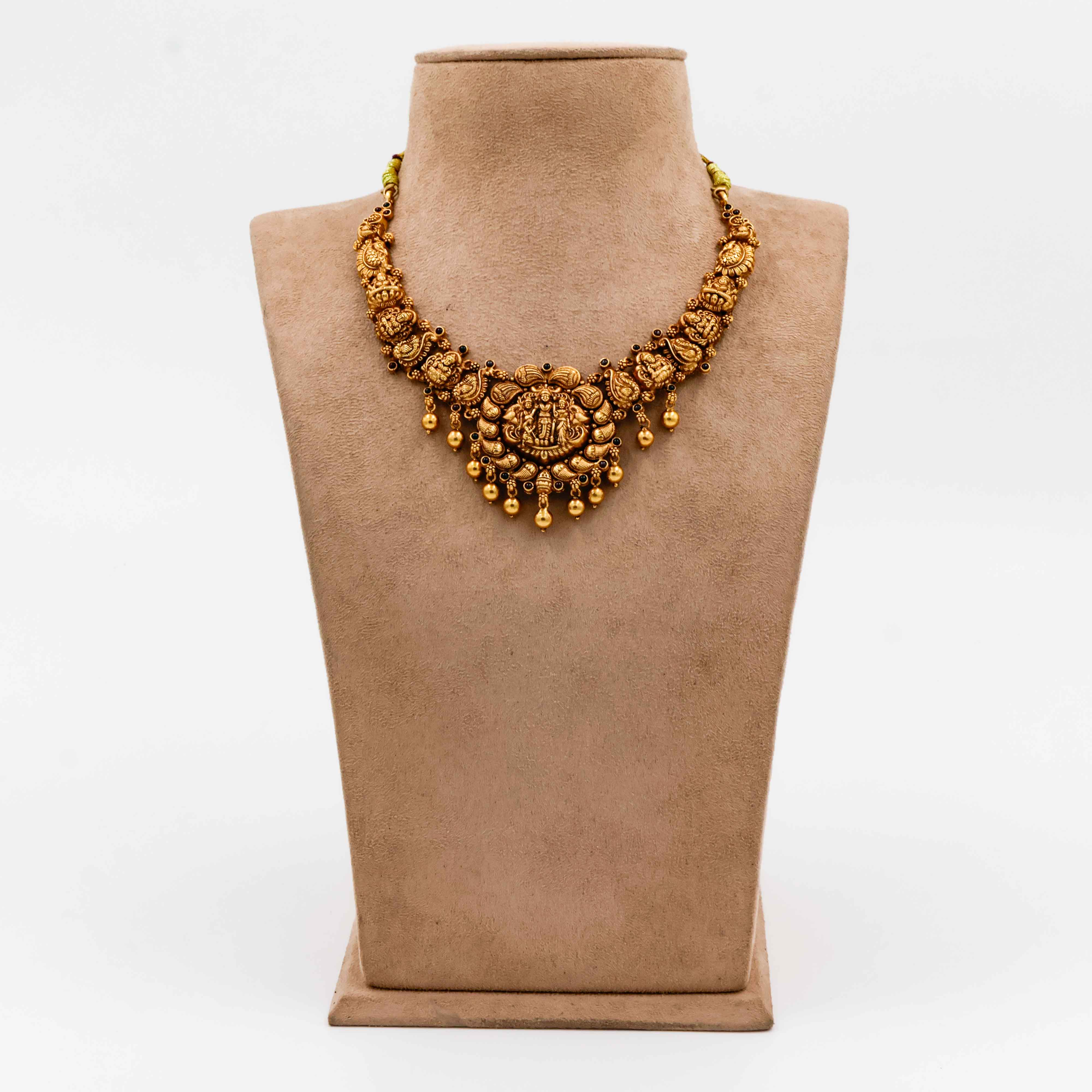 Temple Necklace with Goddess Lakshmi and Leaf Motifs - 