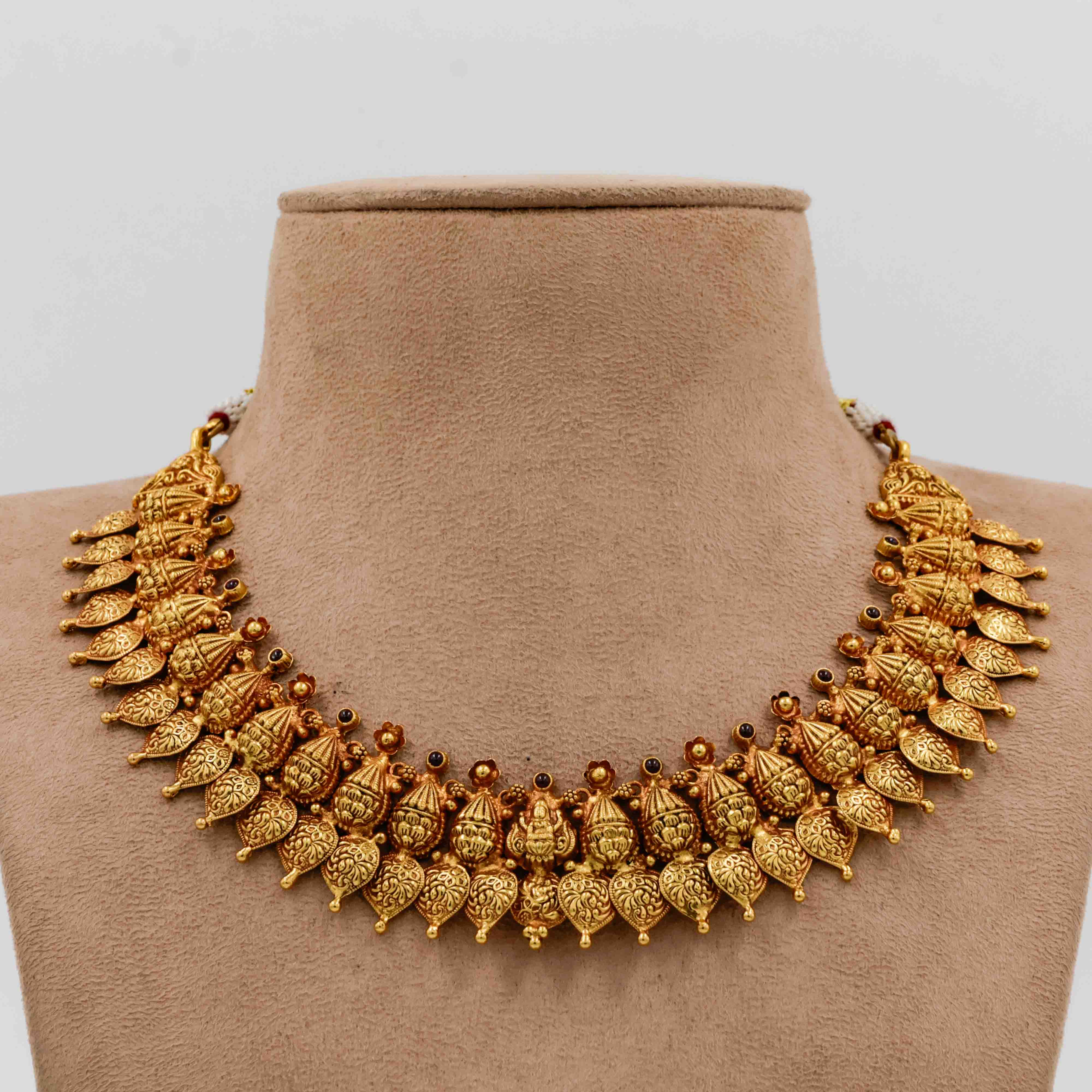 Goddess Lakshmi Antique Necklace with Ruby Drops - 