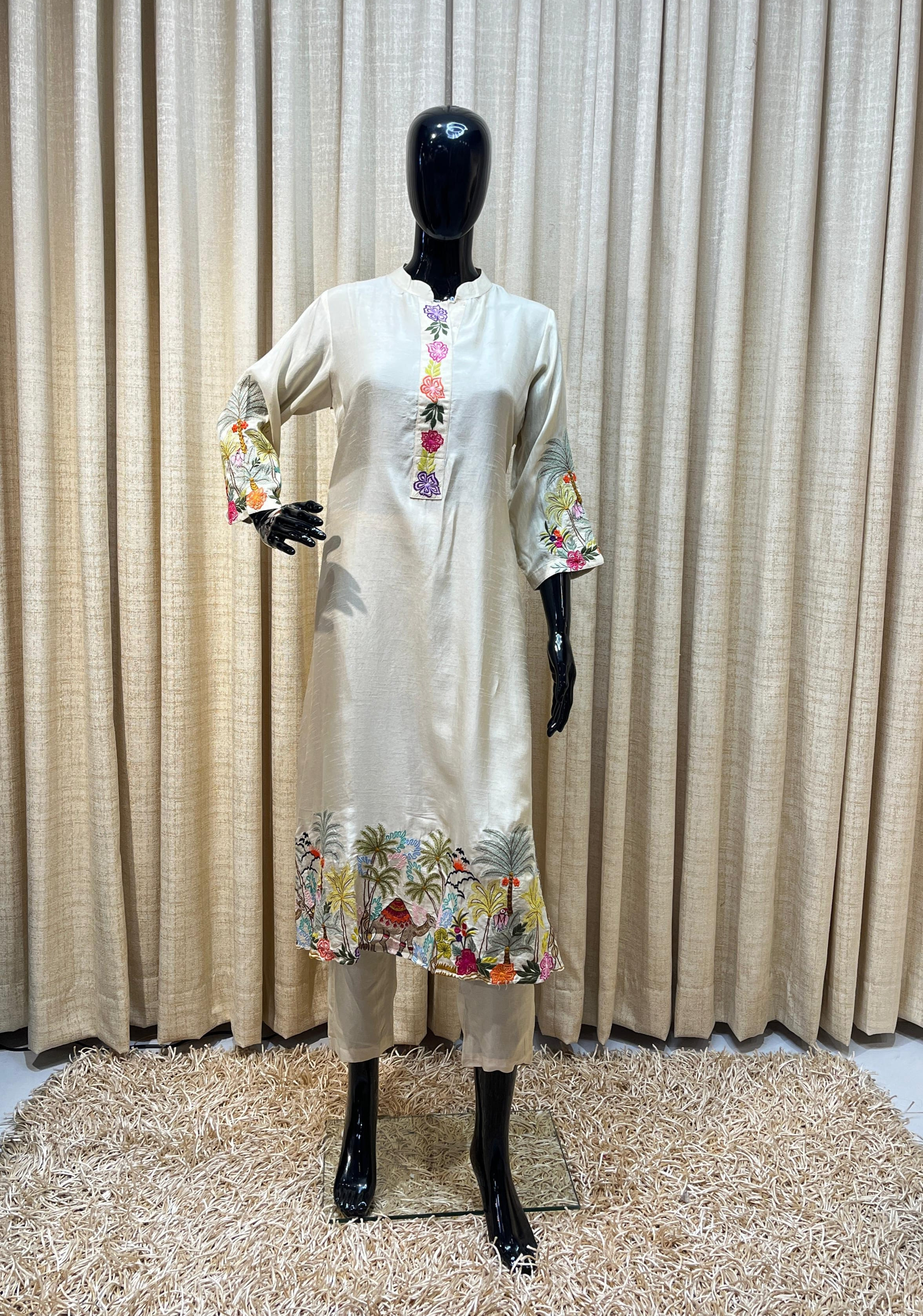 Off-White Embroidered Suit Set