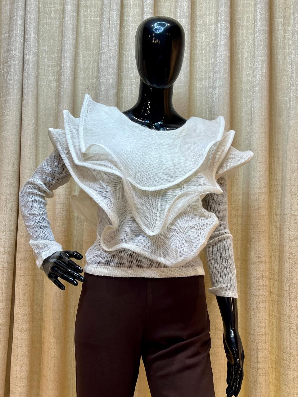 White Sculptural Ruffle Top - Tops