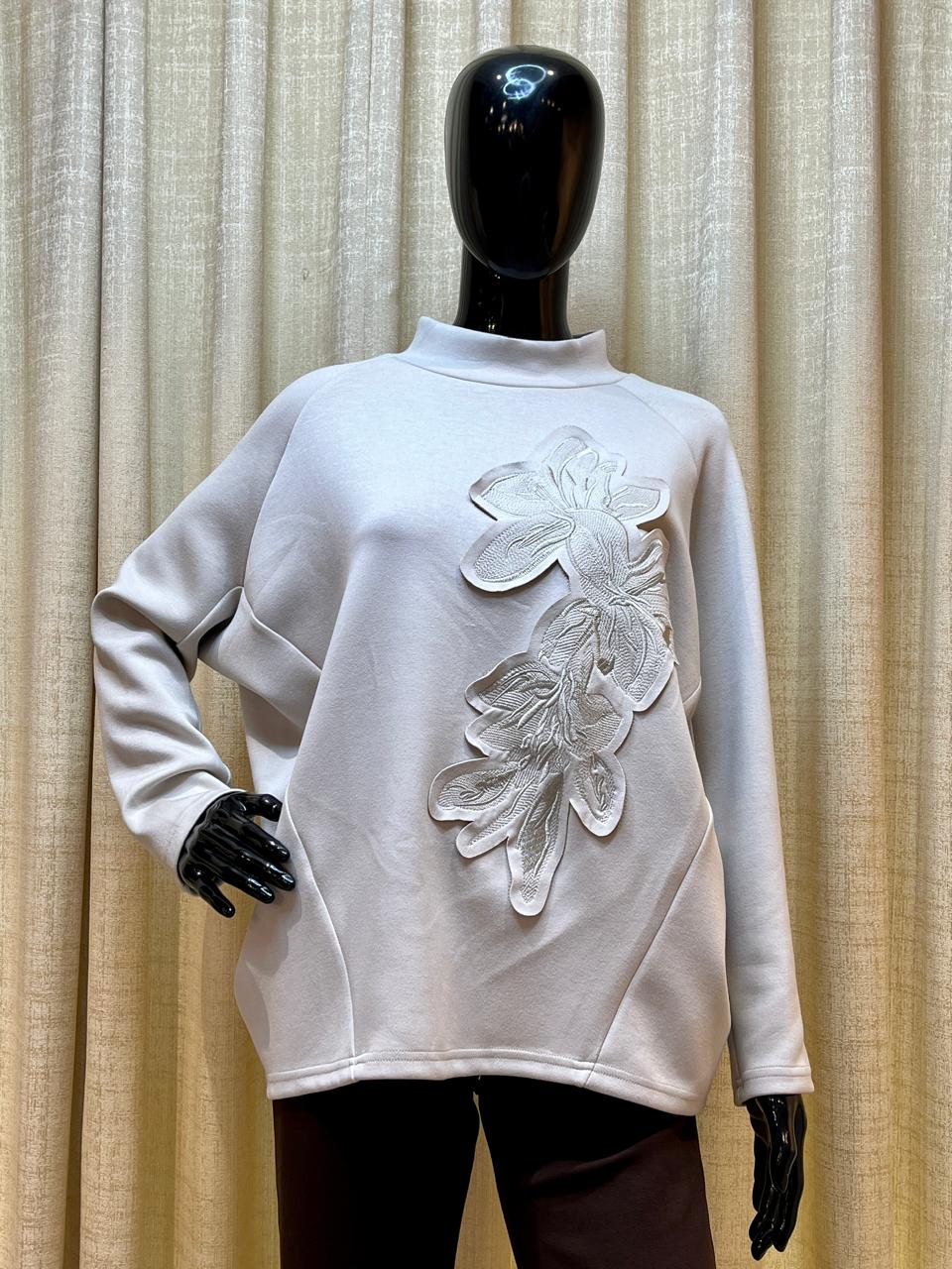 Grey 3D Floral Appliqué Top - Tops