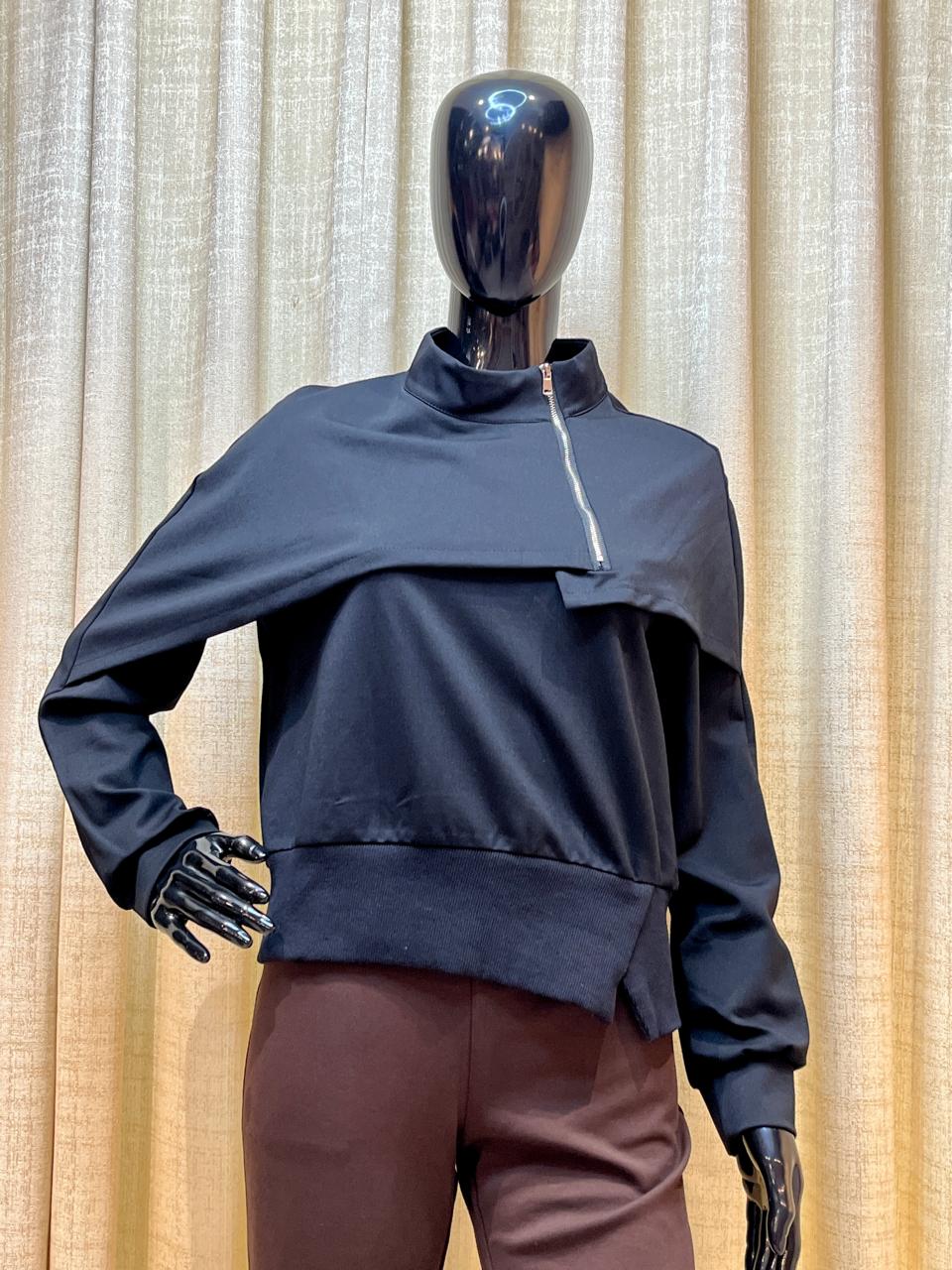 Black Zip Neck Top - Tops