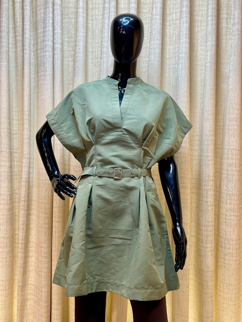 Olive Green Belted Tunic Dress - Tops