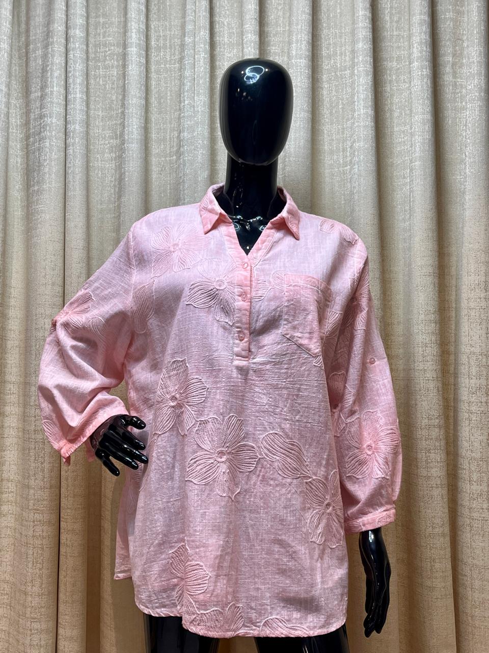 Pink Floral Embroidered Tunic - Tops