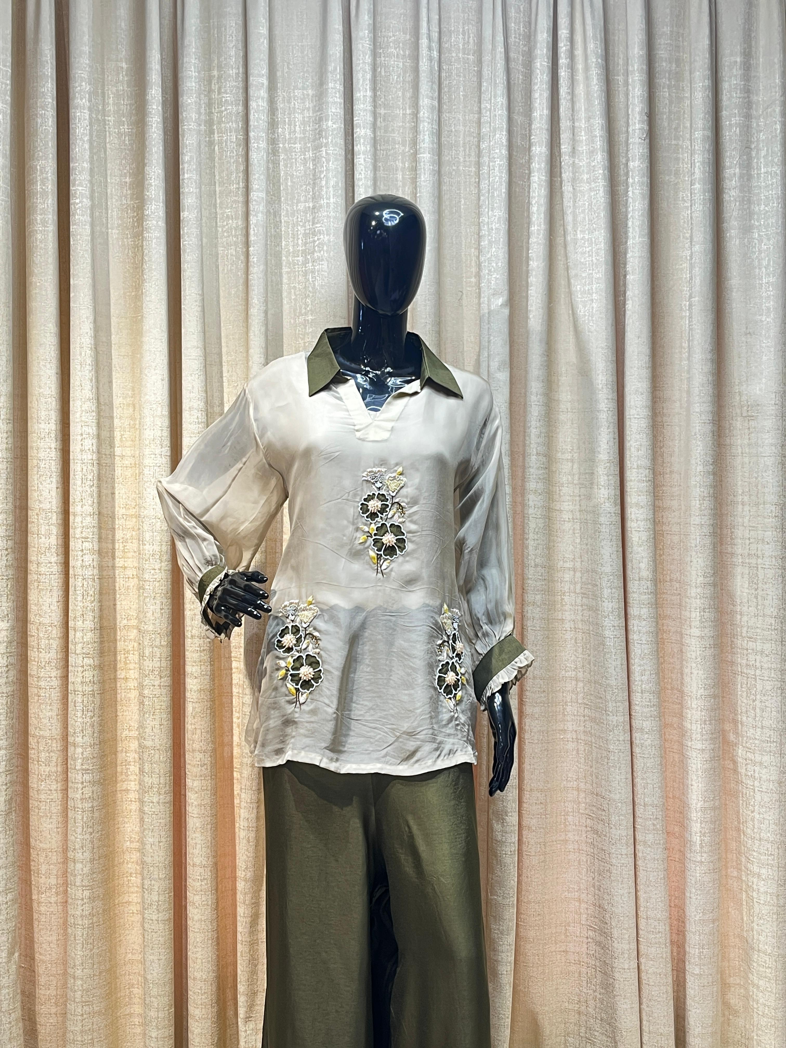 Oracle by Manusri - Ivory & Olive Embroidered Co-ord Set