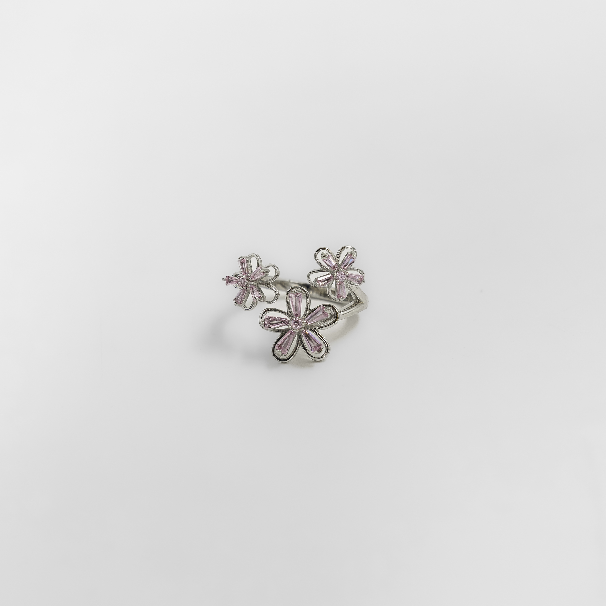 Elegant Silver Floral Ring With Pink