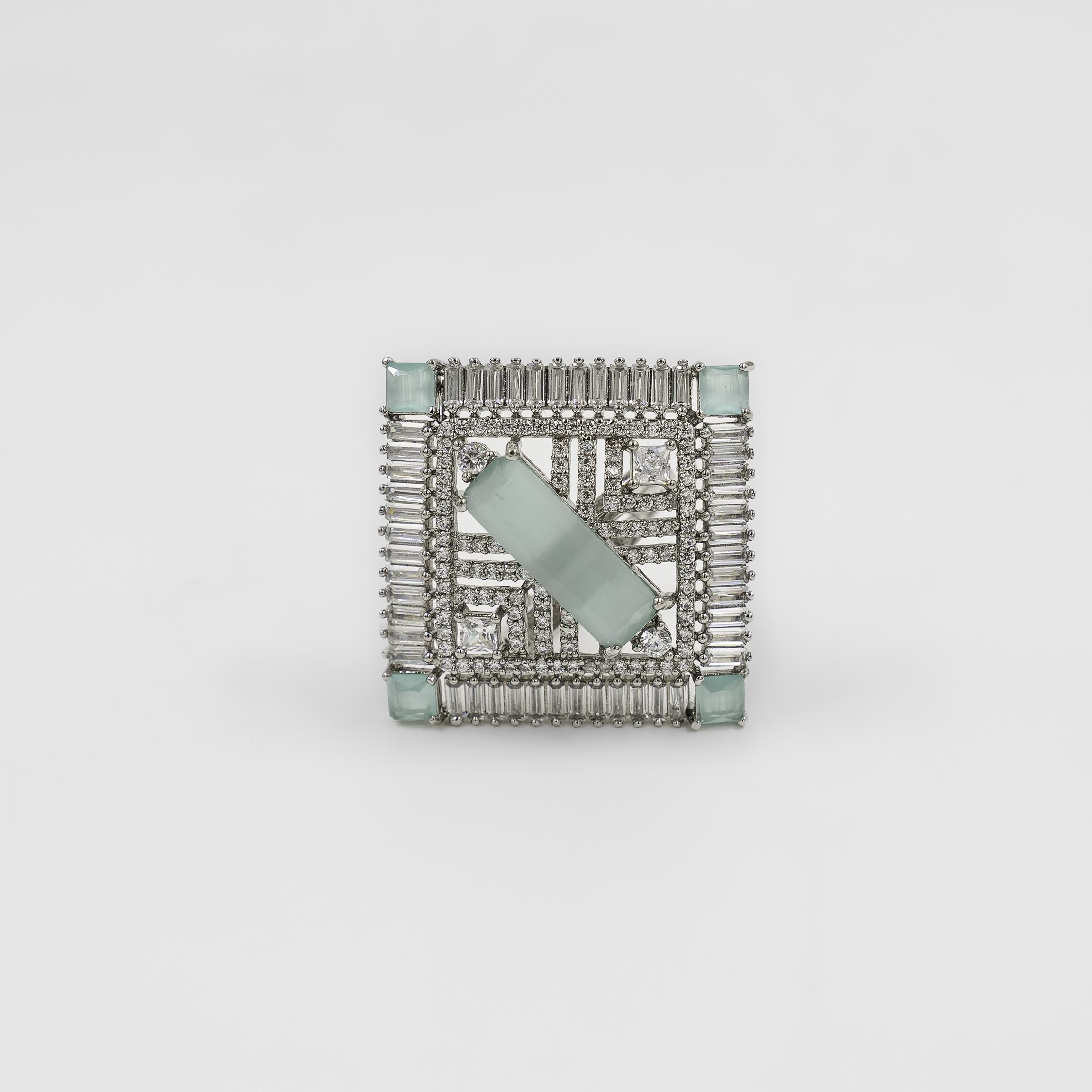 Silver Square Shape Green Stone Sterling