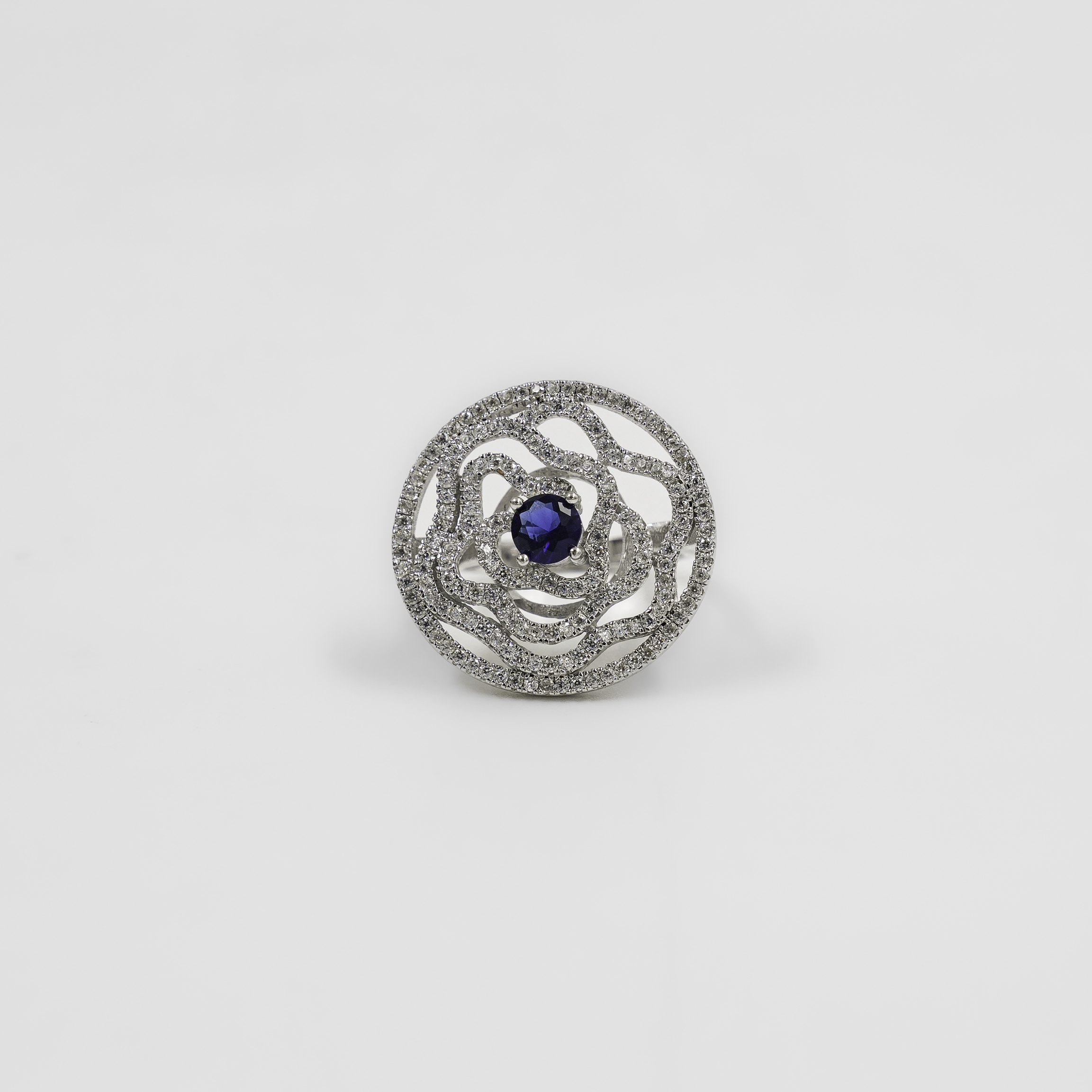 Elegant Silver Floral Ring With Blue