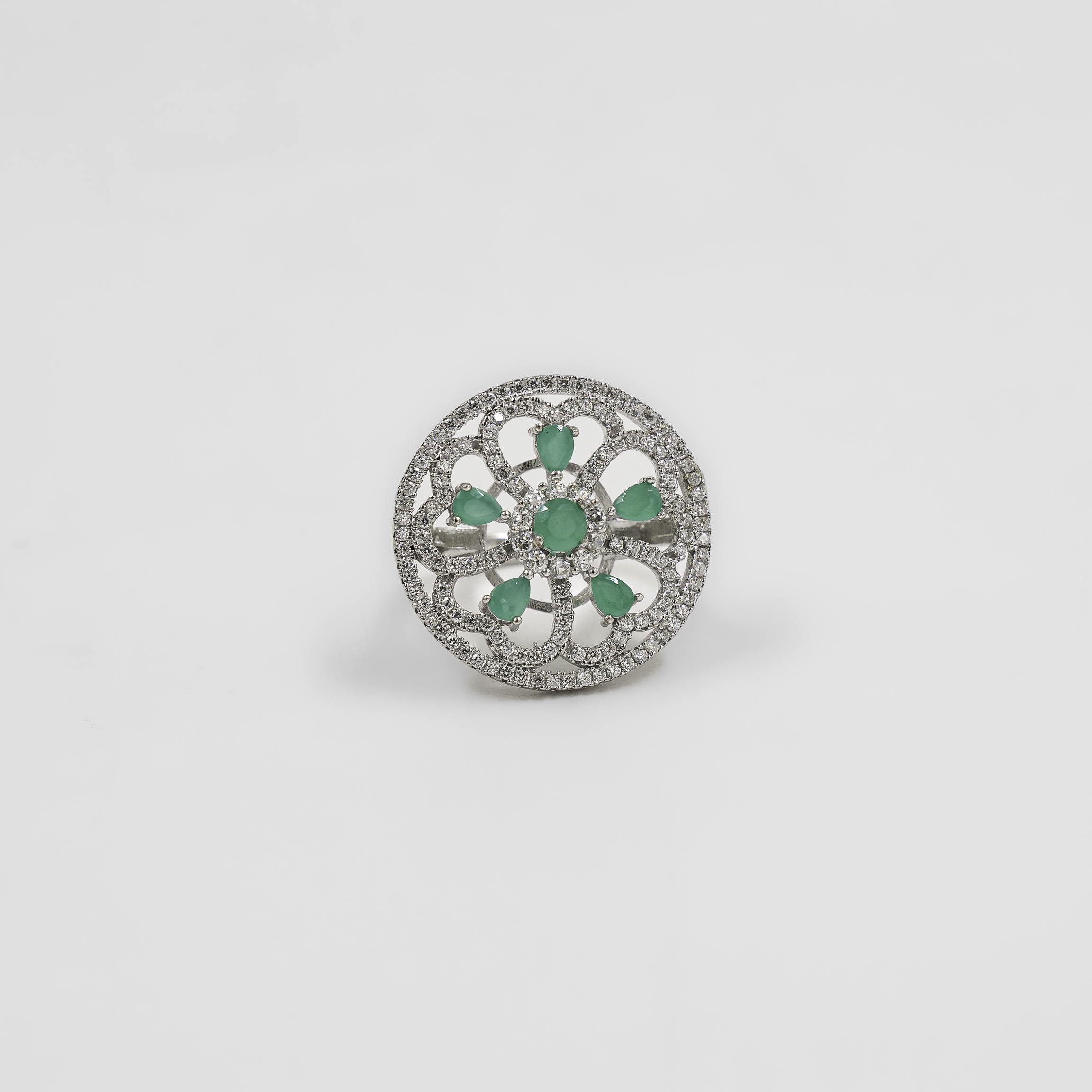 Elegant Silver Emerald Floral Cocktail Ring