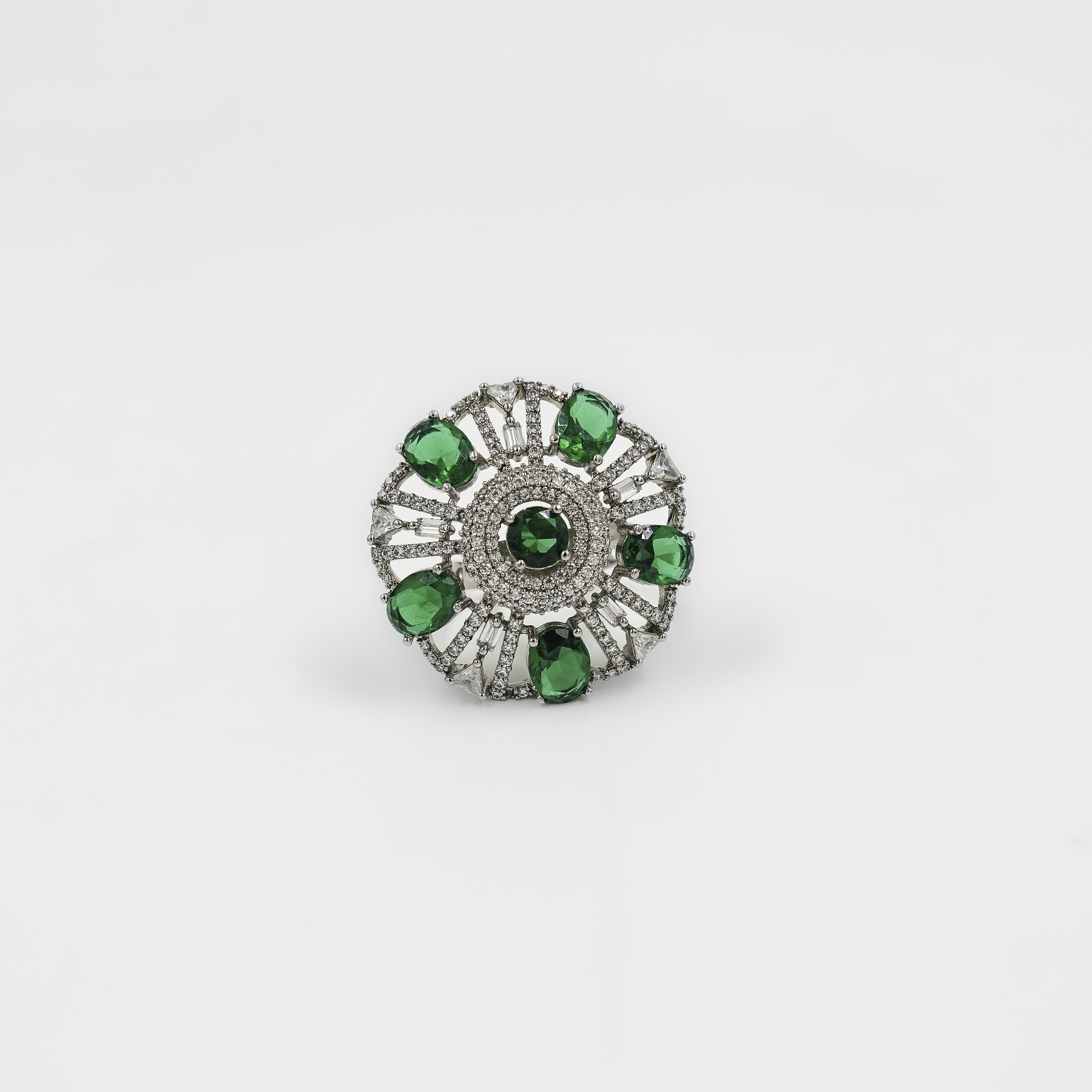 Floral Silver Ring With Emerald Green