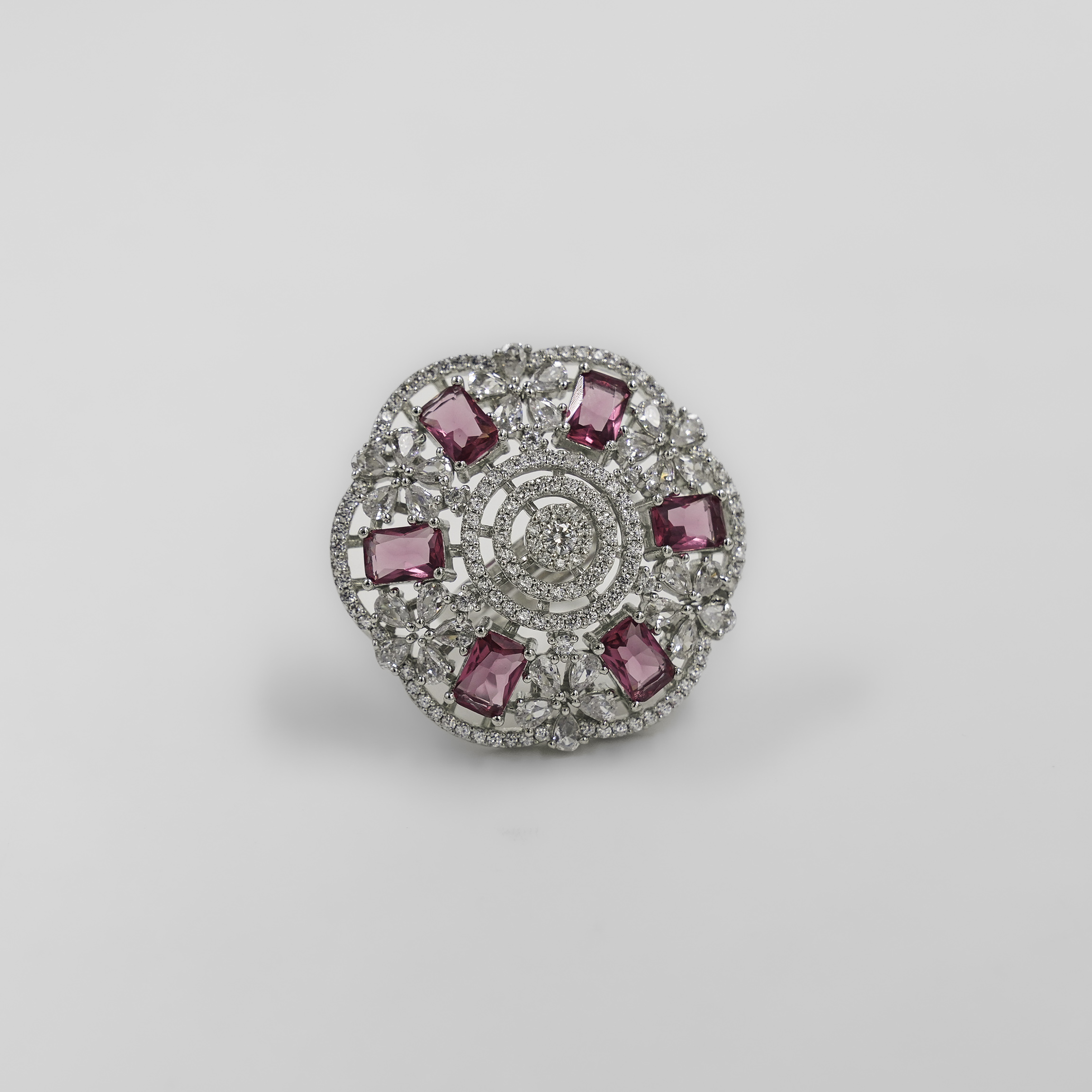 Silver Cluster Ring Pink Stone Round