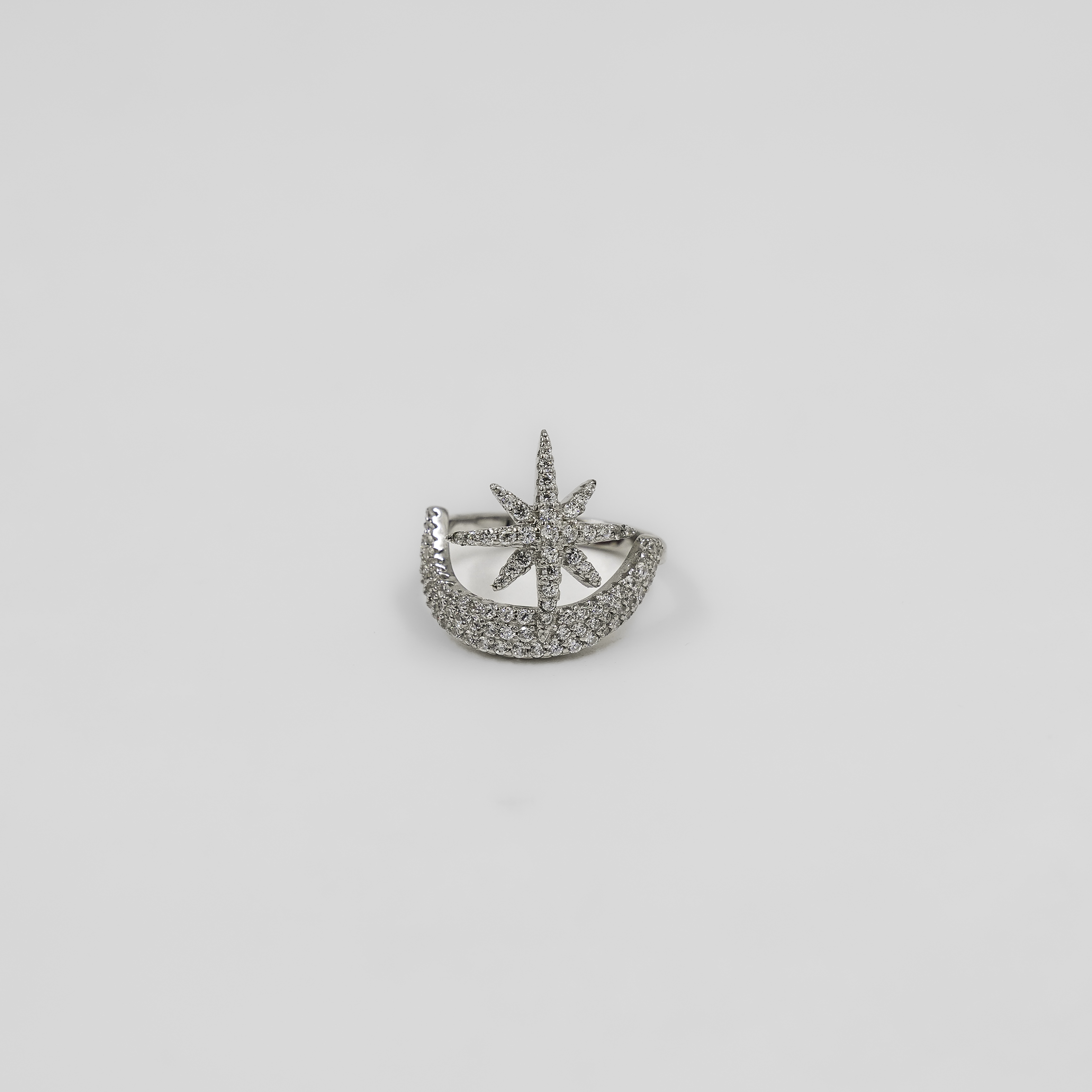 Elegant Silver Crescent Star Ring Studded