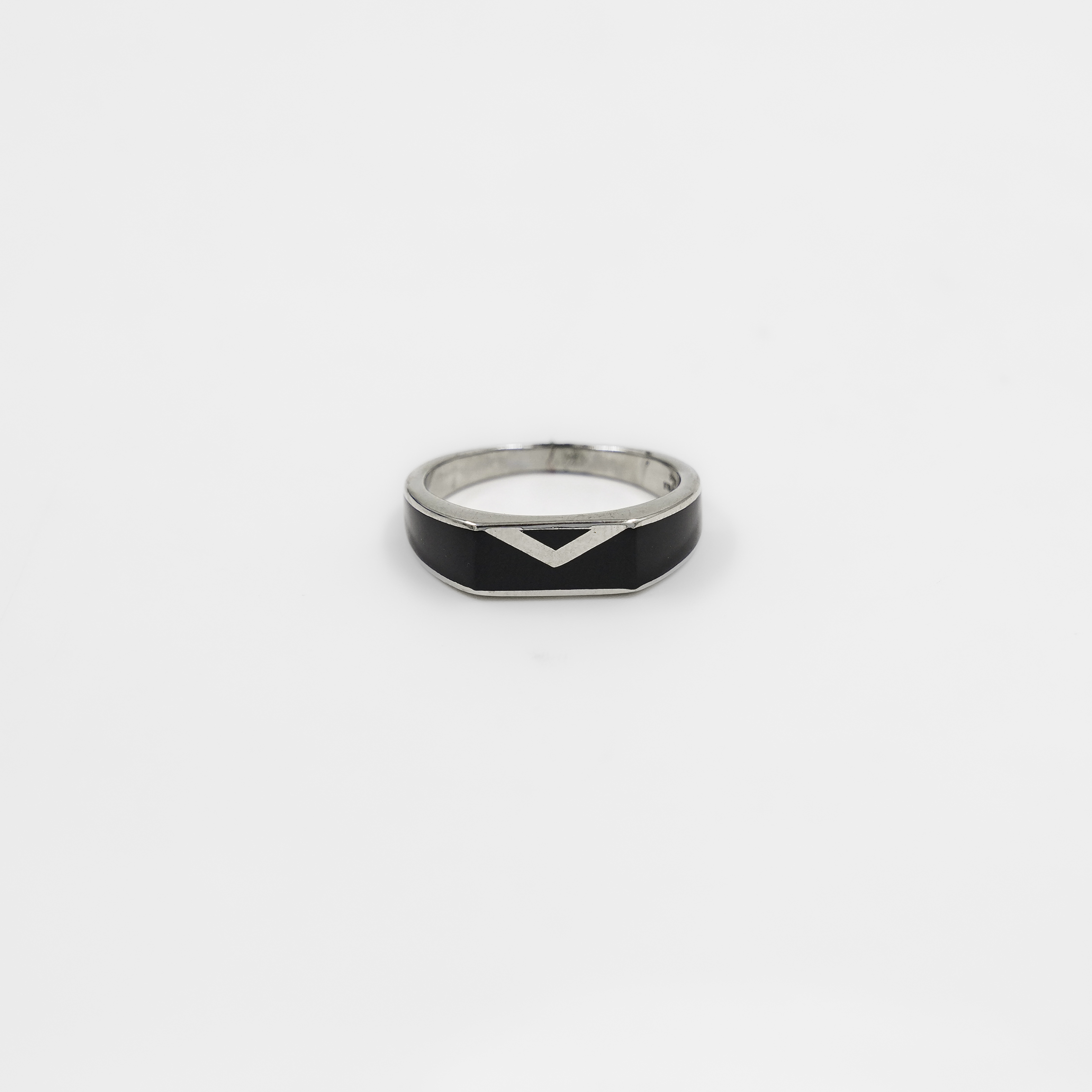 Silver Band Ring Black Enamel Geometric