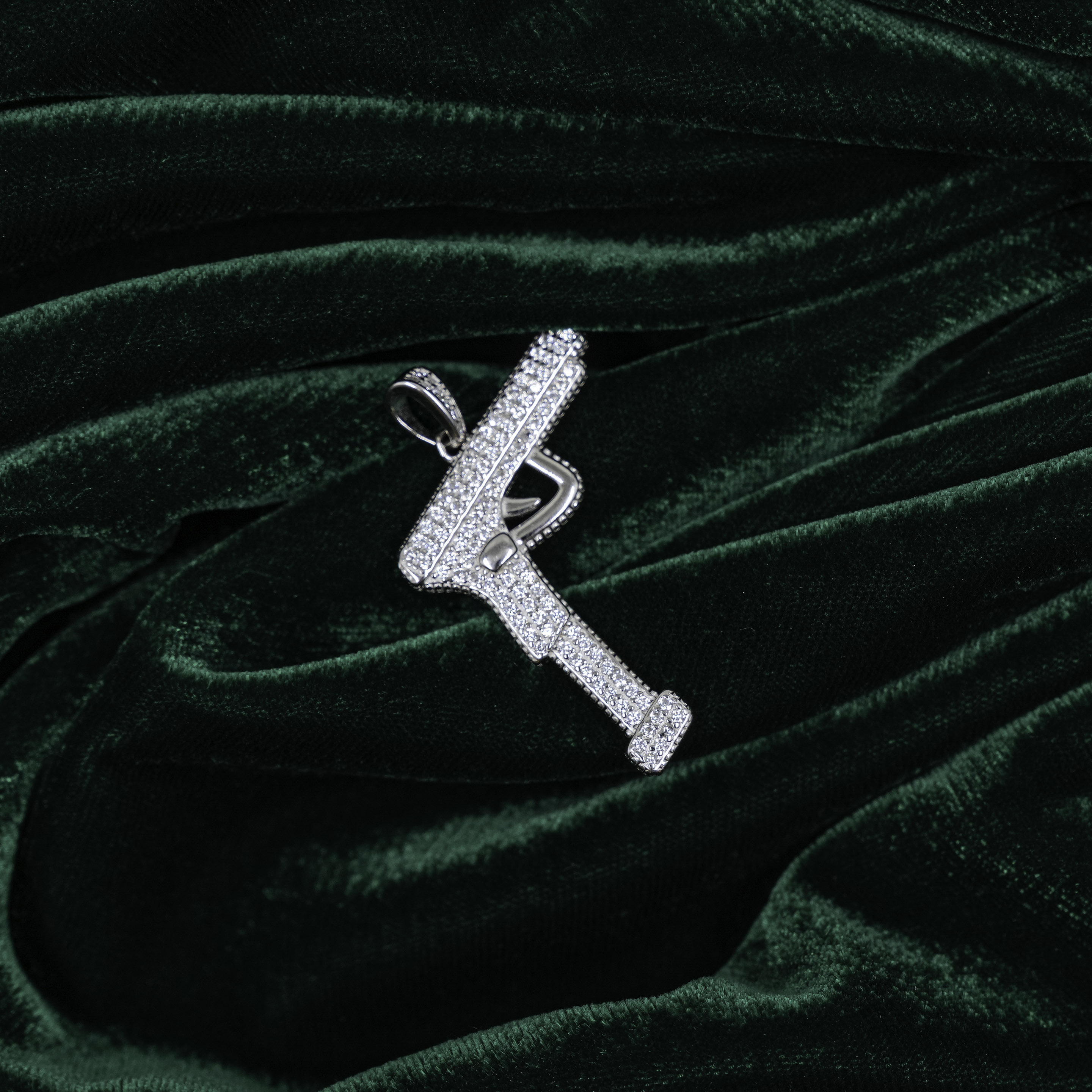 Silver Gun Shaped Pendant Necklace Iced