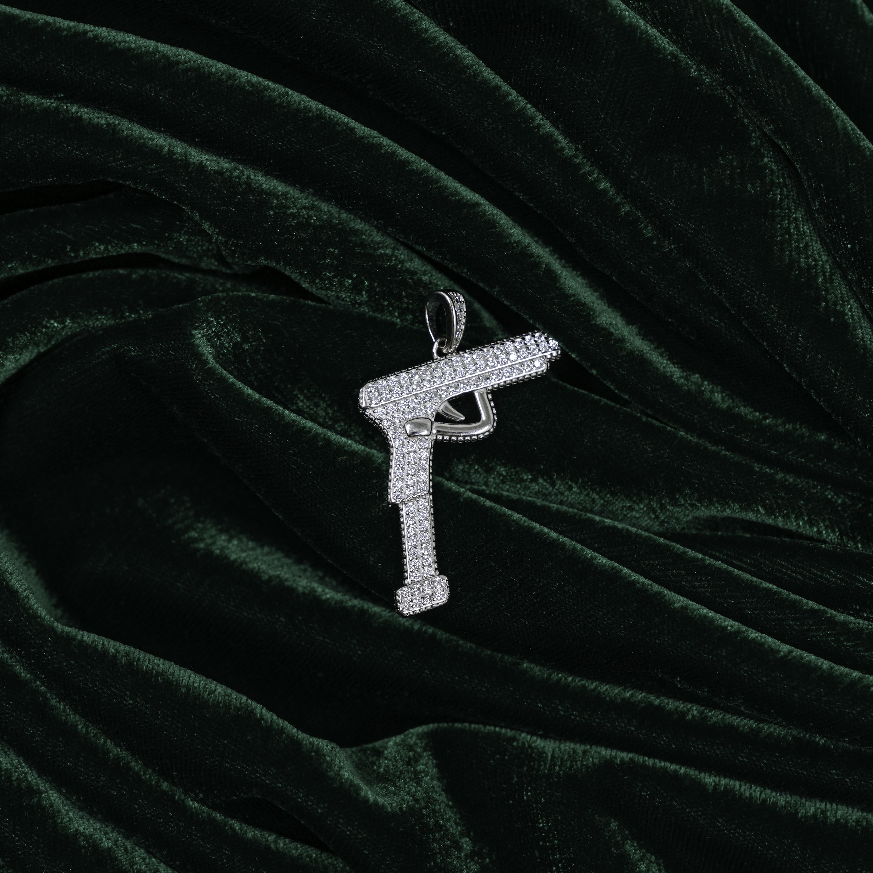 Raag Silver Jewellery - Silver Gun Shaped Pendant Necklace Iced