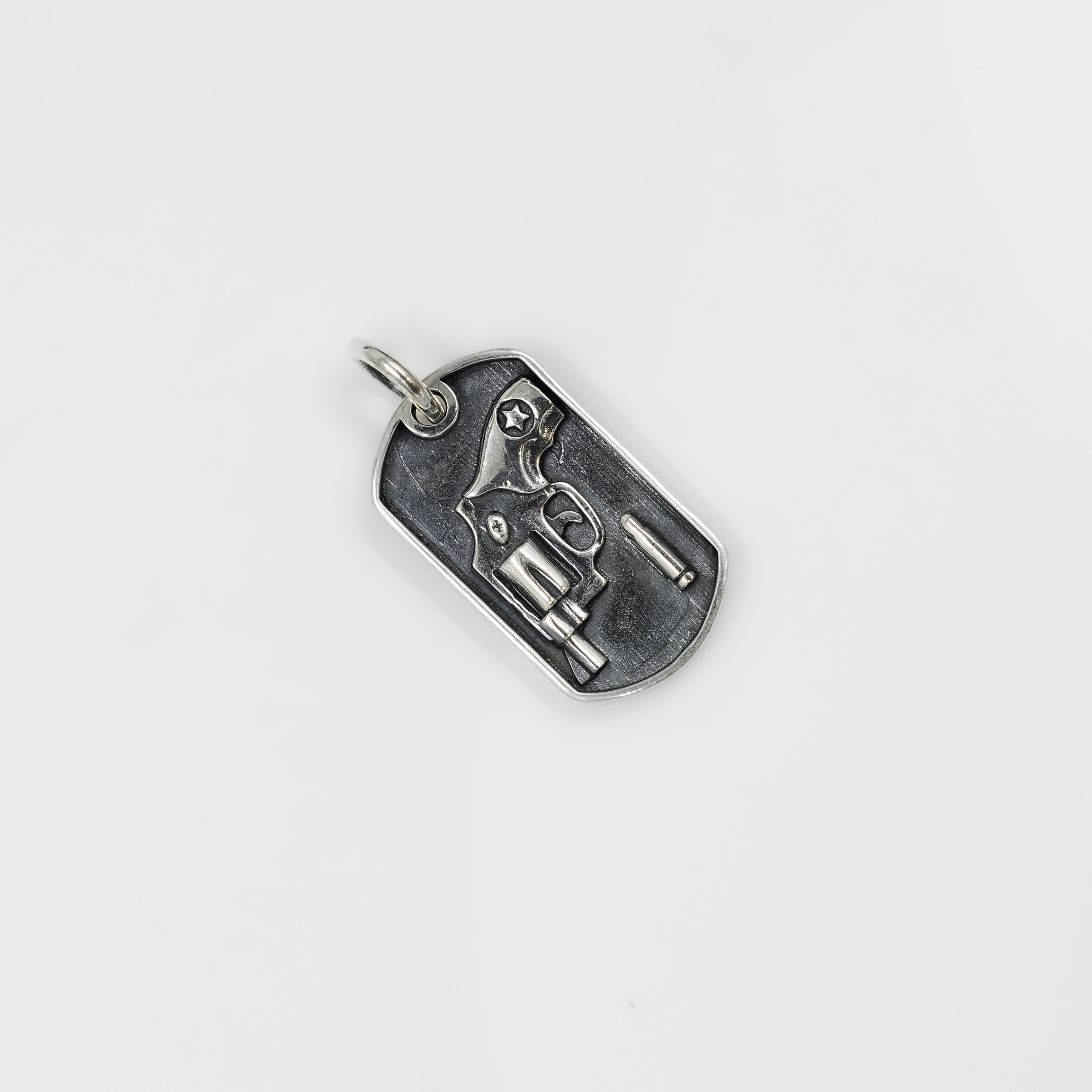 Silver Embossed Revolver Dog Tag Pendant