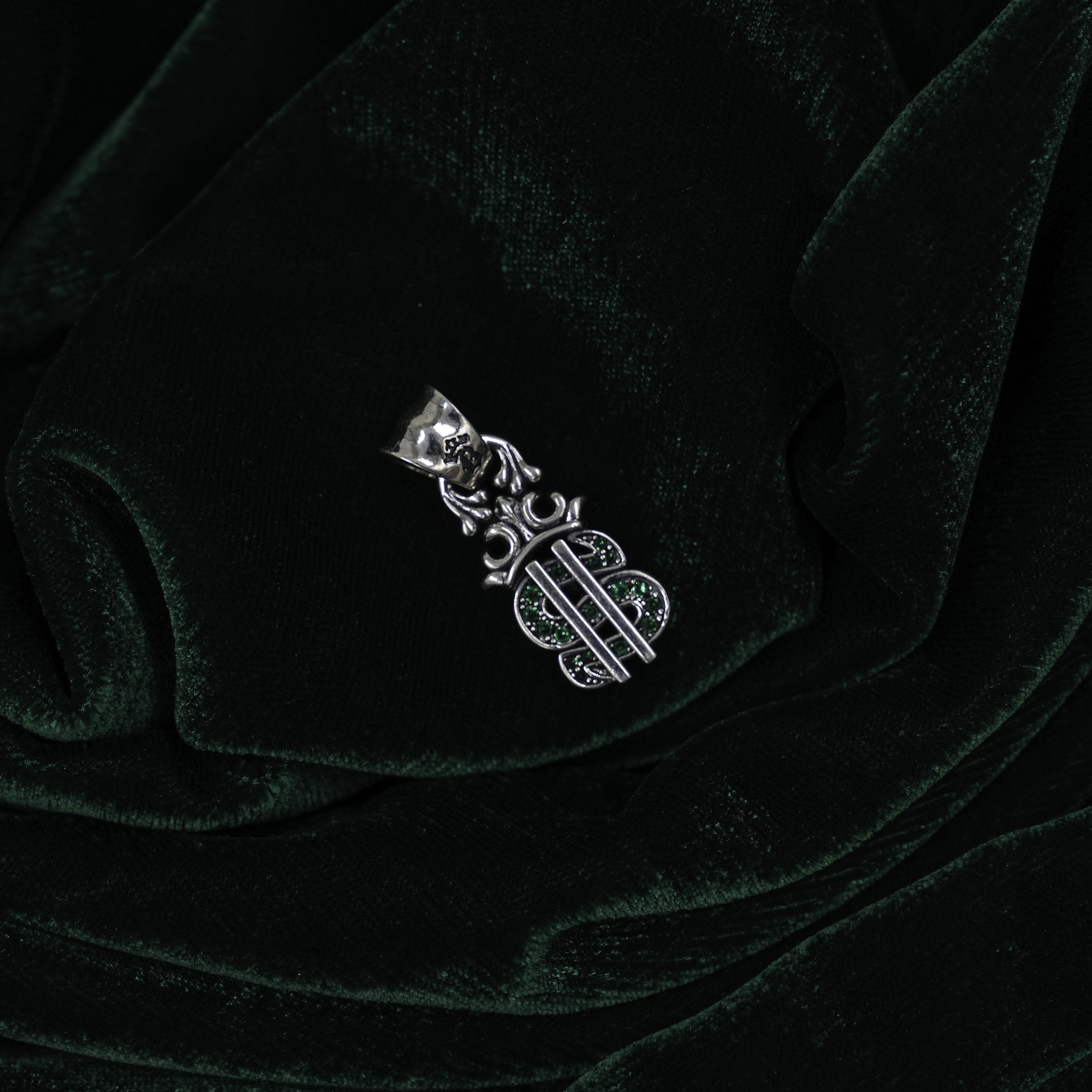 Silver Dollar Sign Pendant With Green