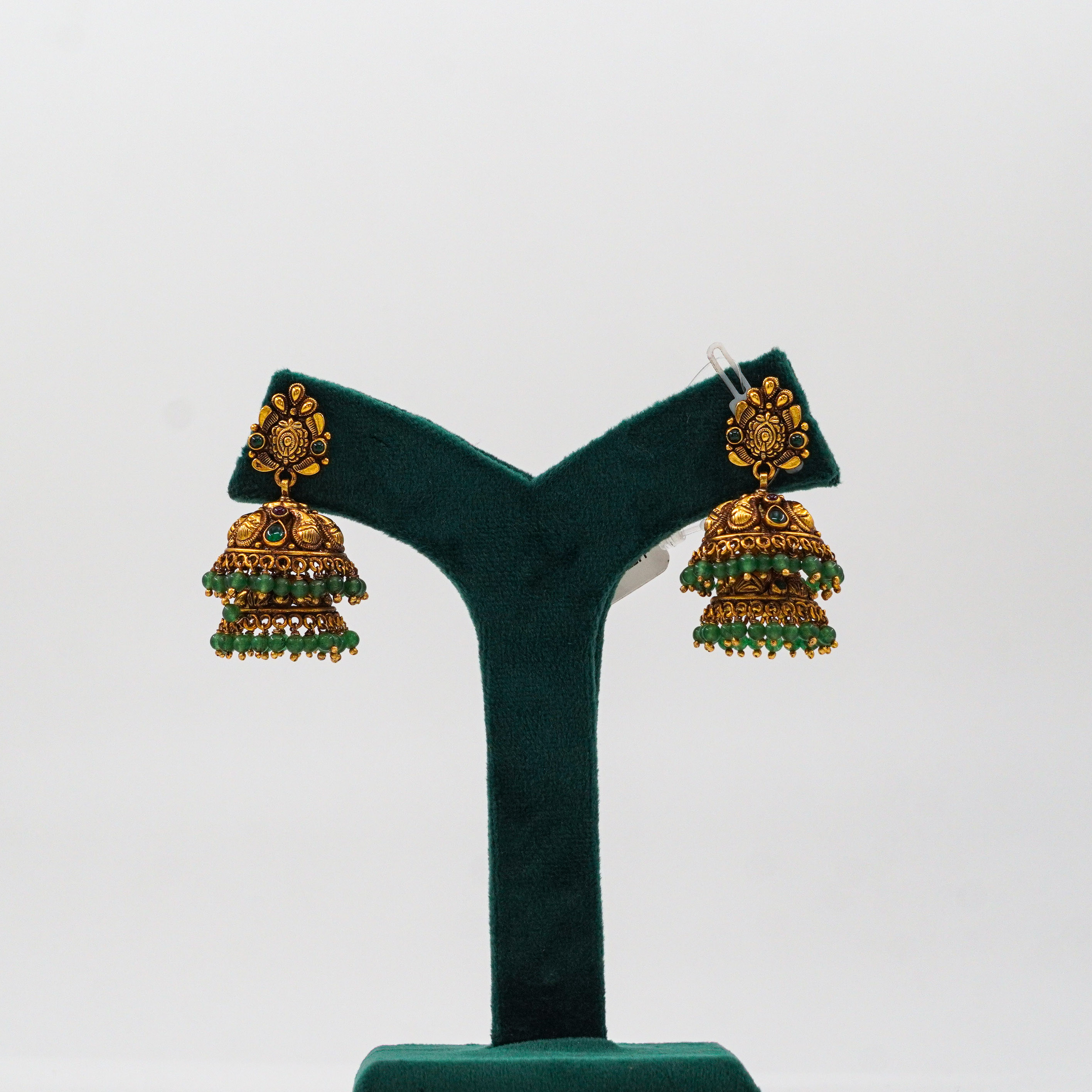 Raag Silver Jewellery Basheerbagh - Double Layered Green Bead Jhumkas