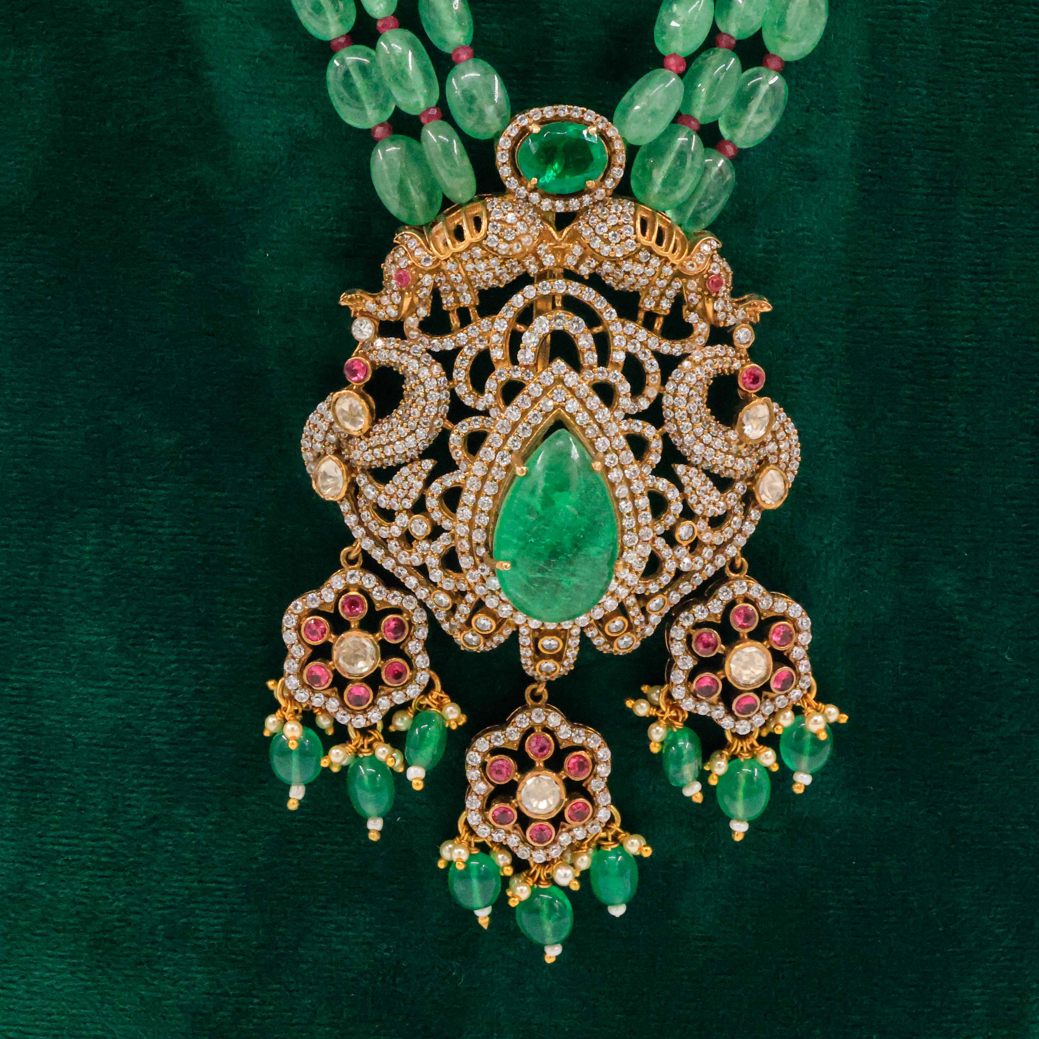 Raag Silver Jewellery Basheerbagh - Emerald Ruby Bird Necklace