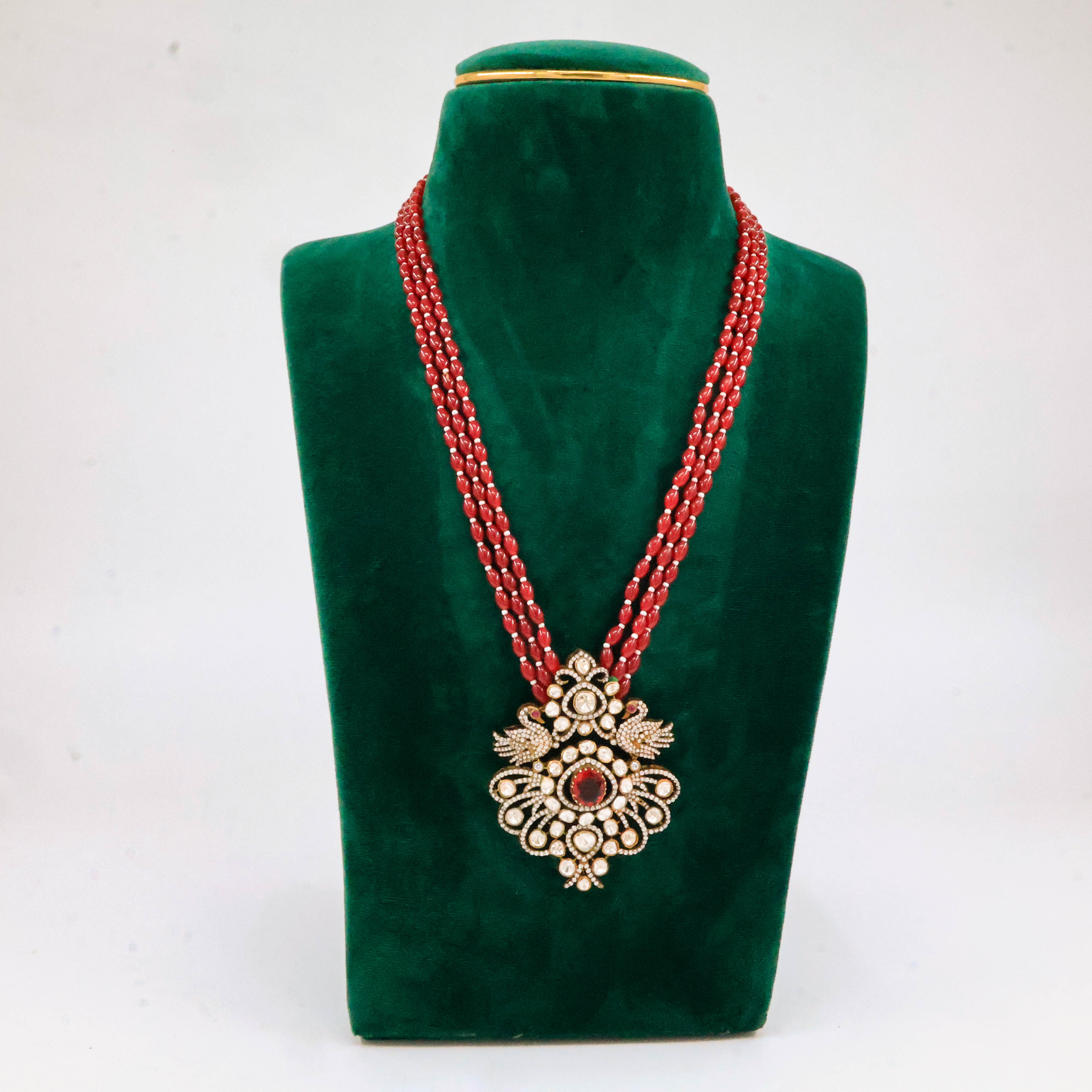 Raag Silver Jewellery Basheerbagh - Swan Coral Ruby Necklace