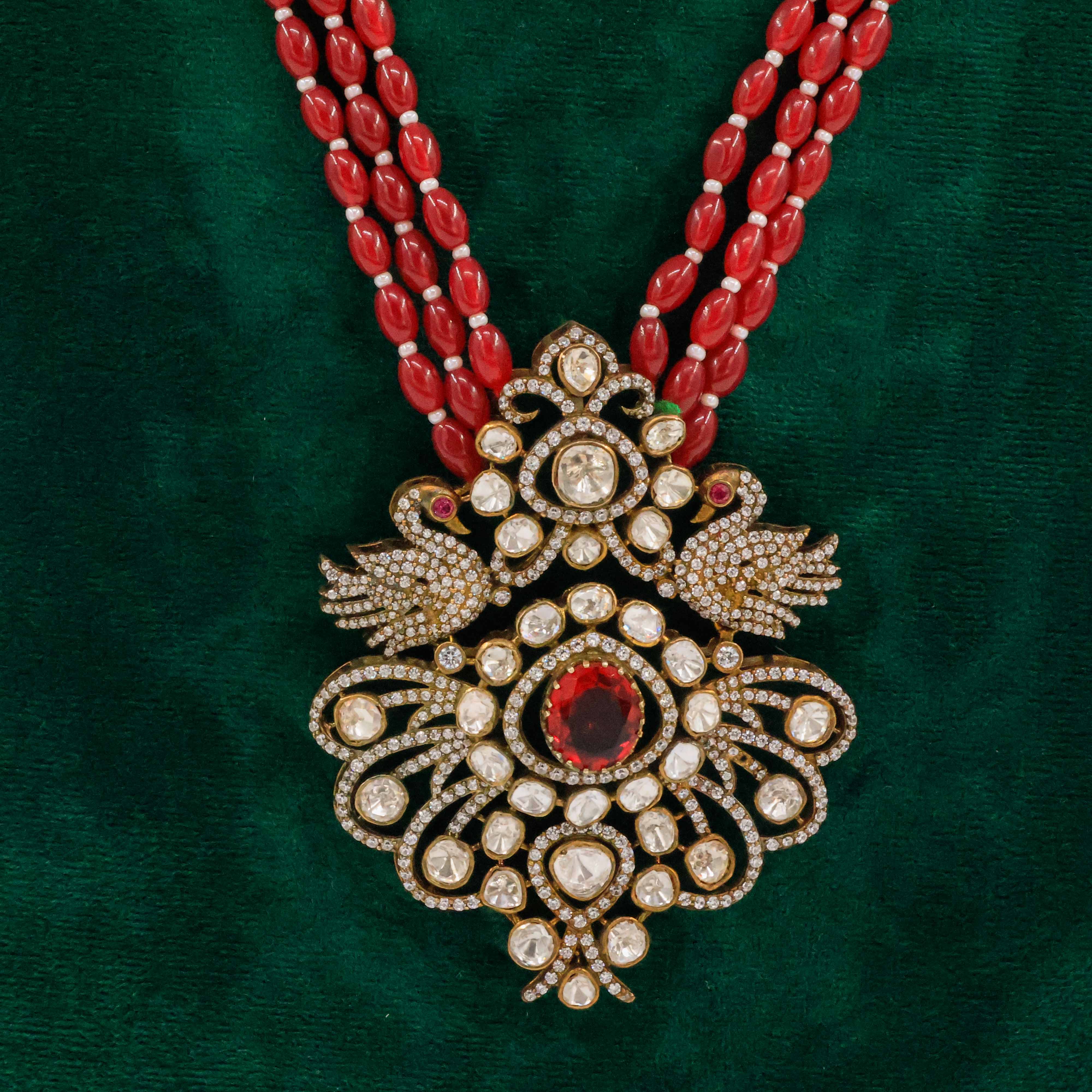 Raag Silver Jewellery Basheerbagh - Swan Coral Ruby Necklace