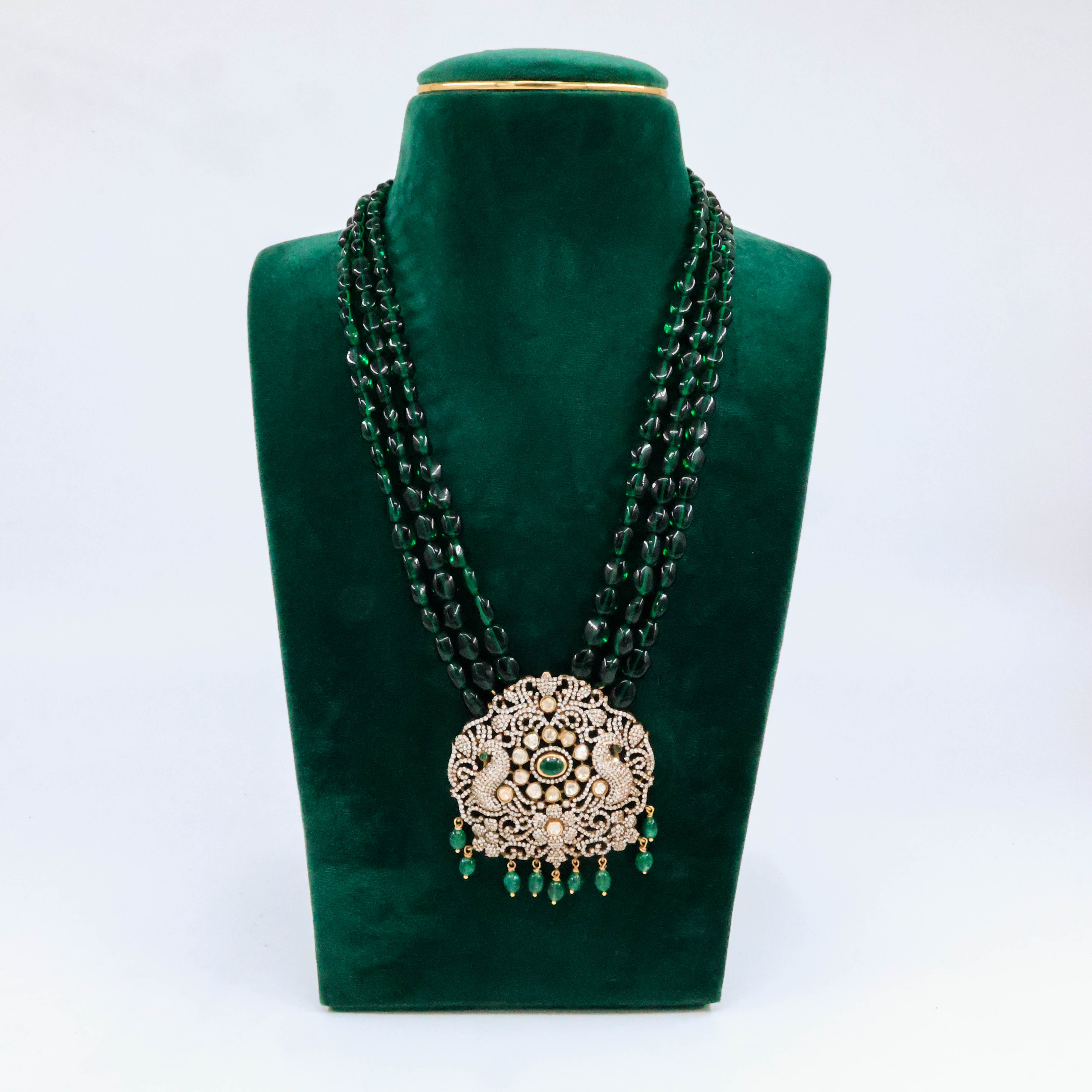 Raag Silver Jewellery Basheerbagh - Peacock Polki Emerald Necklace